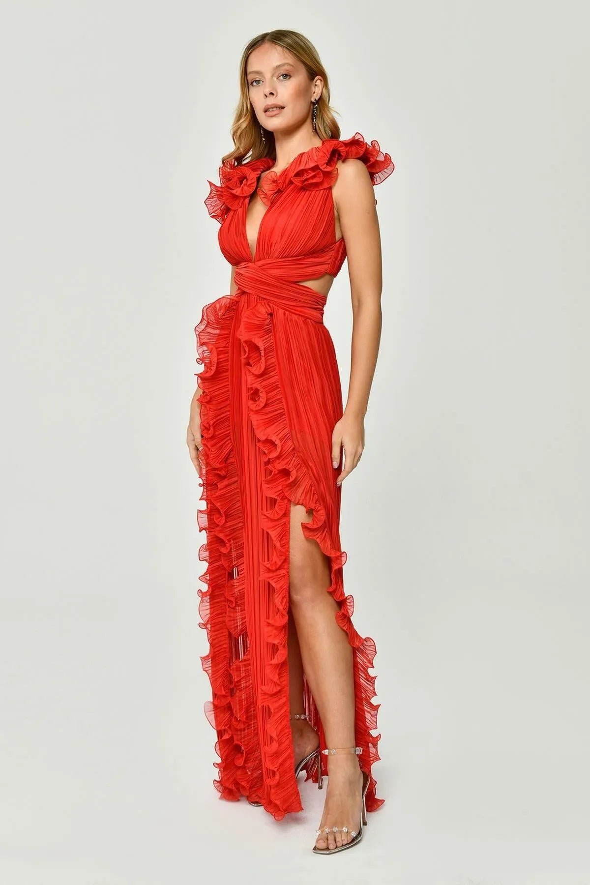 Ruffled Pleated Sleeveless Long Evening Dress