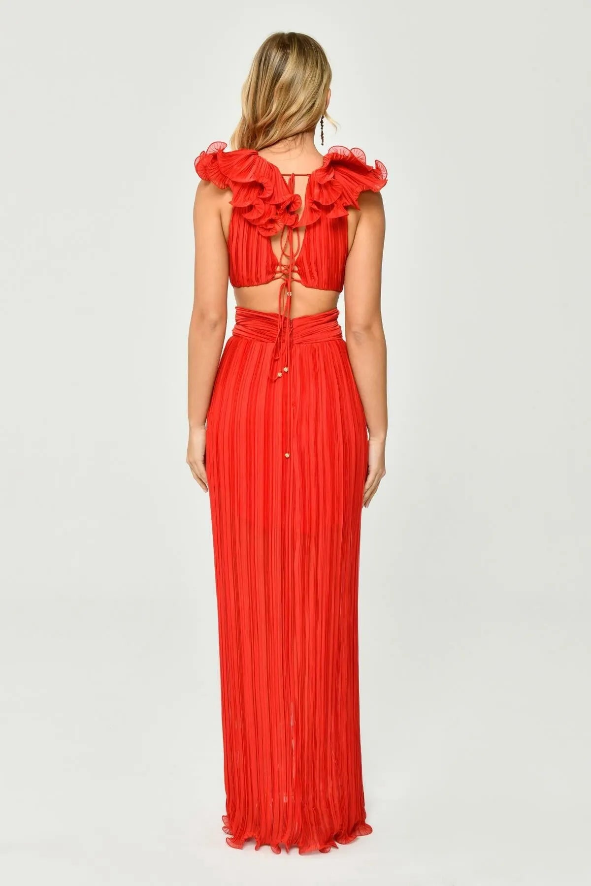 Ruffled Pleated Sleeveless Long Evening Dress