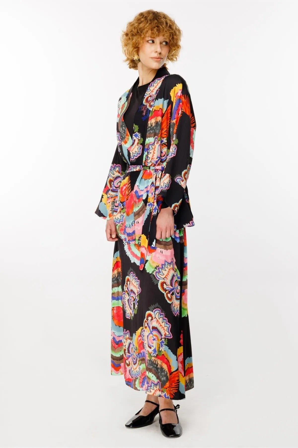 Colorful Patterned Jacket Skirt Set with Tie Waist Detail