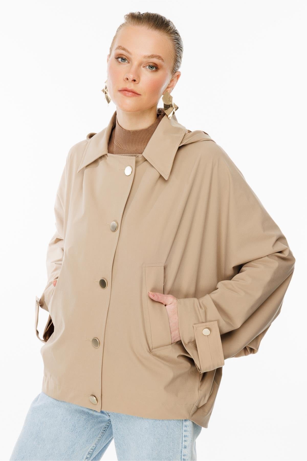 Hooded Snap Closure Oversize Short Coat