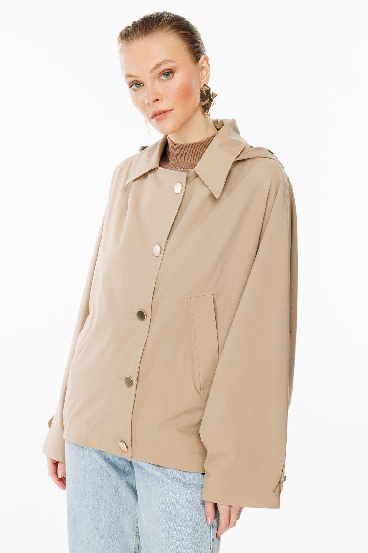 Hooded Snap Closure Oversize Short Coat