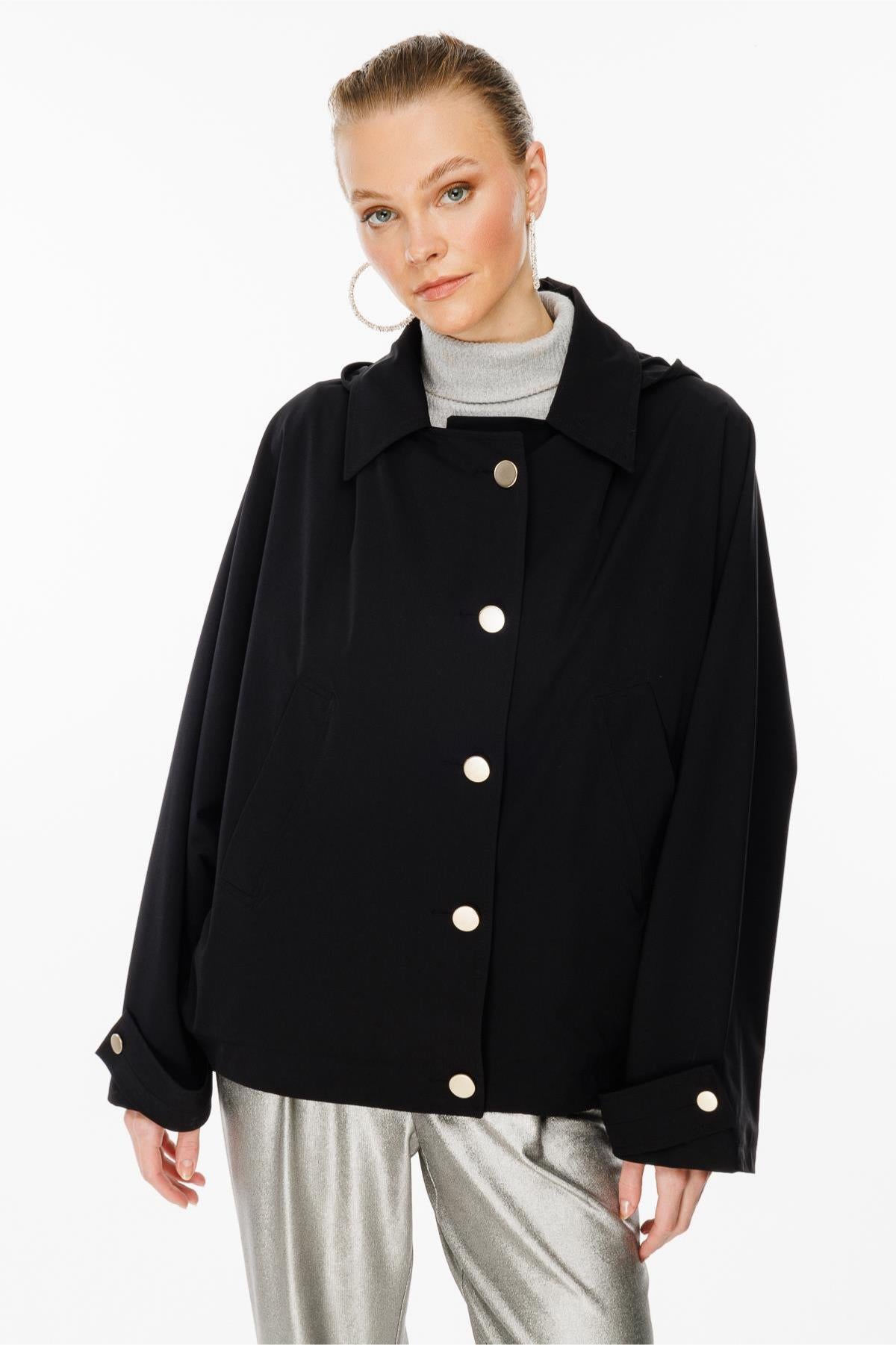 Hooded Snap Closure Oversize Short Coat