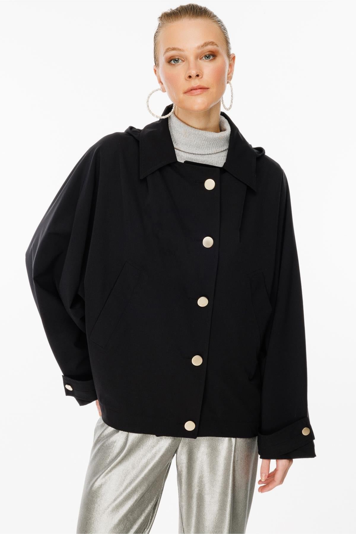 Hooded Snap Closure Oversize Short Coat