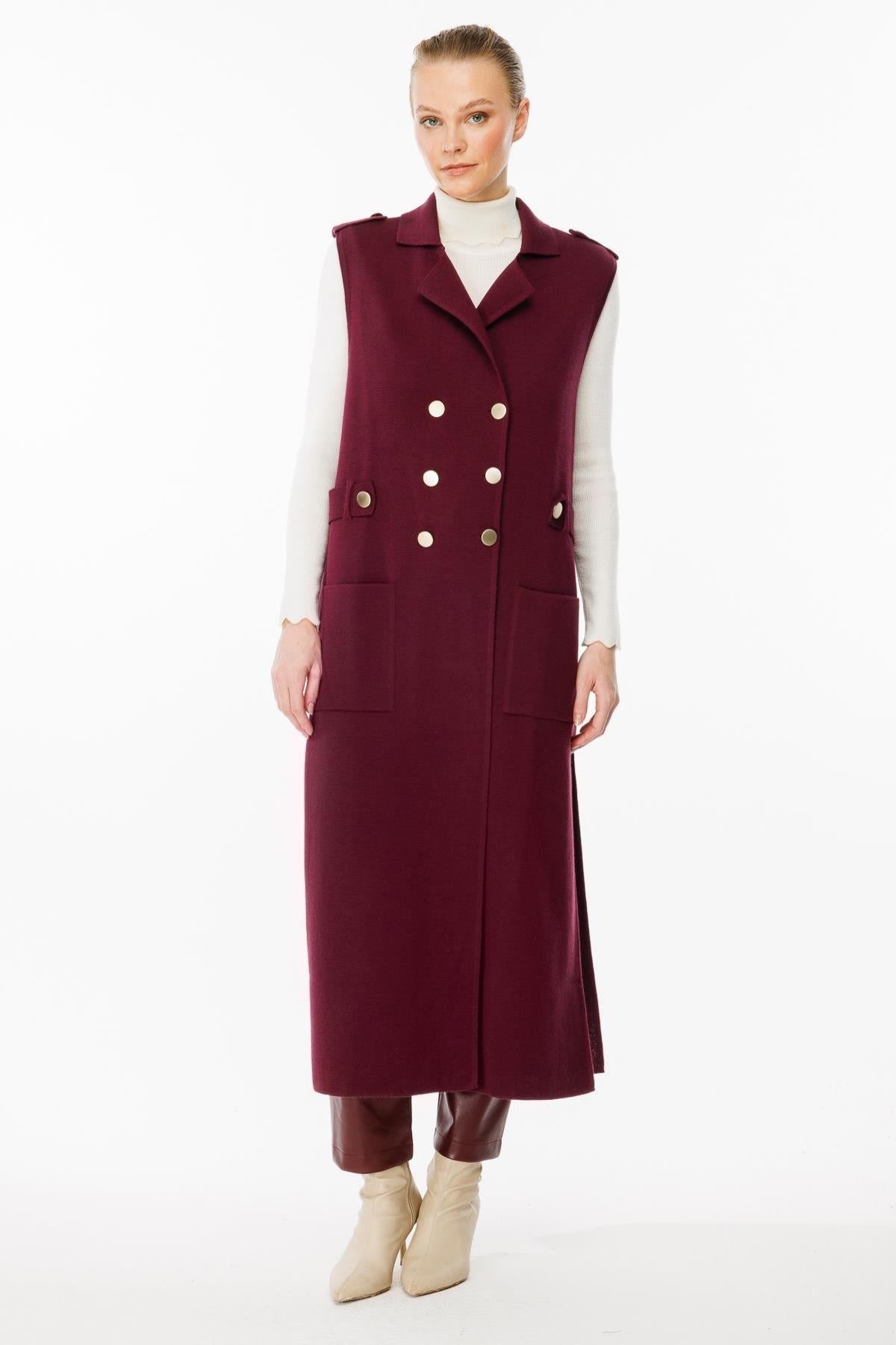 Metal Button Detailed Waist Belted Knit Vest