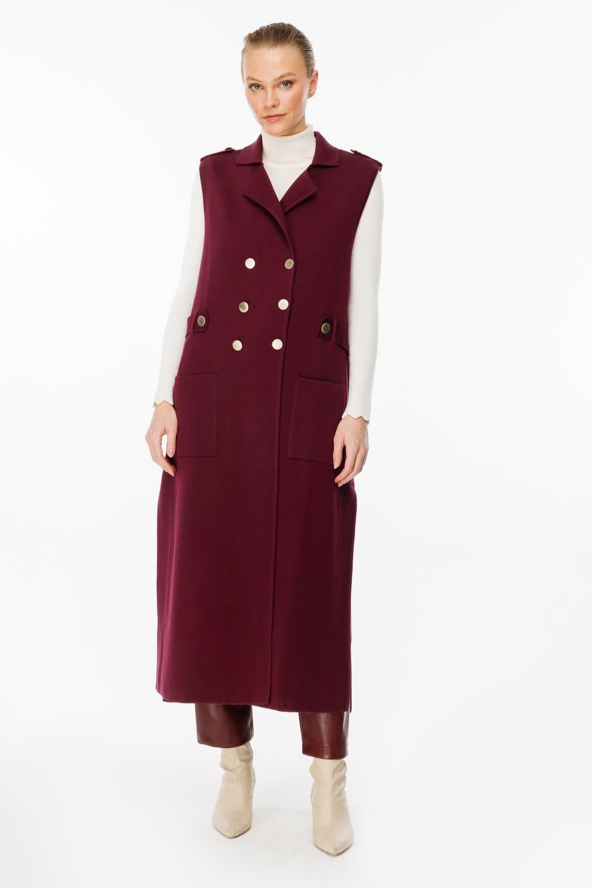 Metal Button Detailed Waist Belted Knit Vest