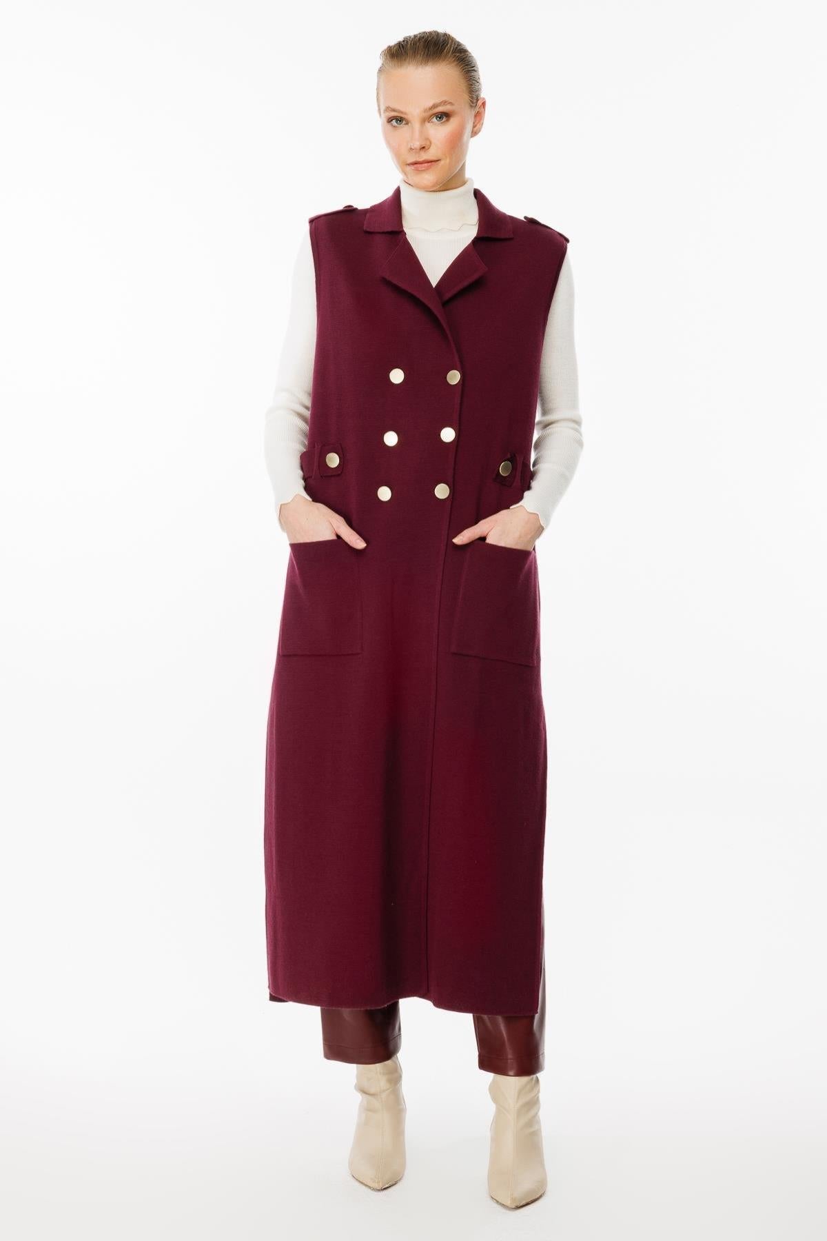 Metal Button Detailed Waist Belted Knit Vest