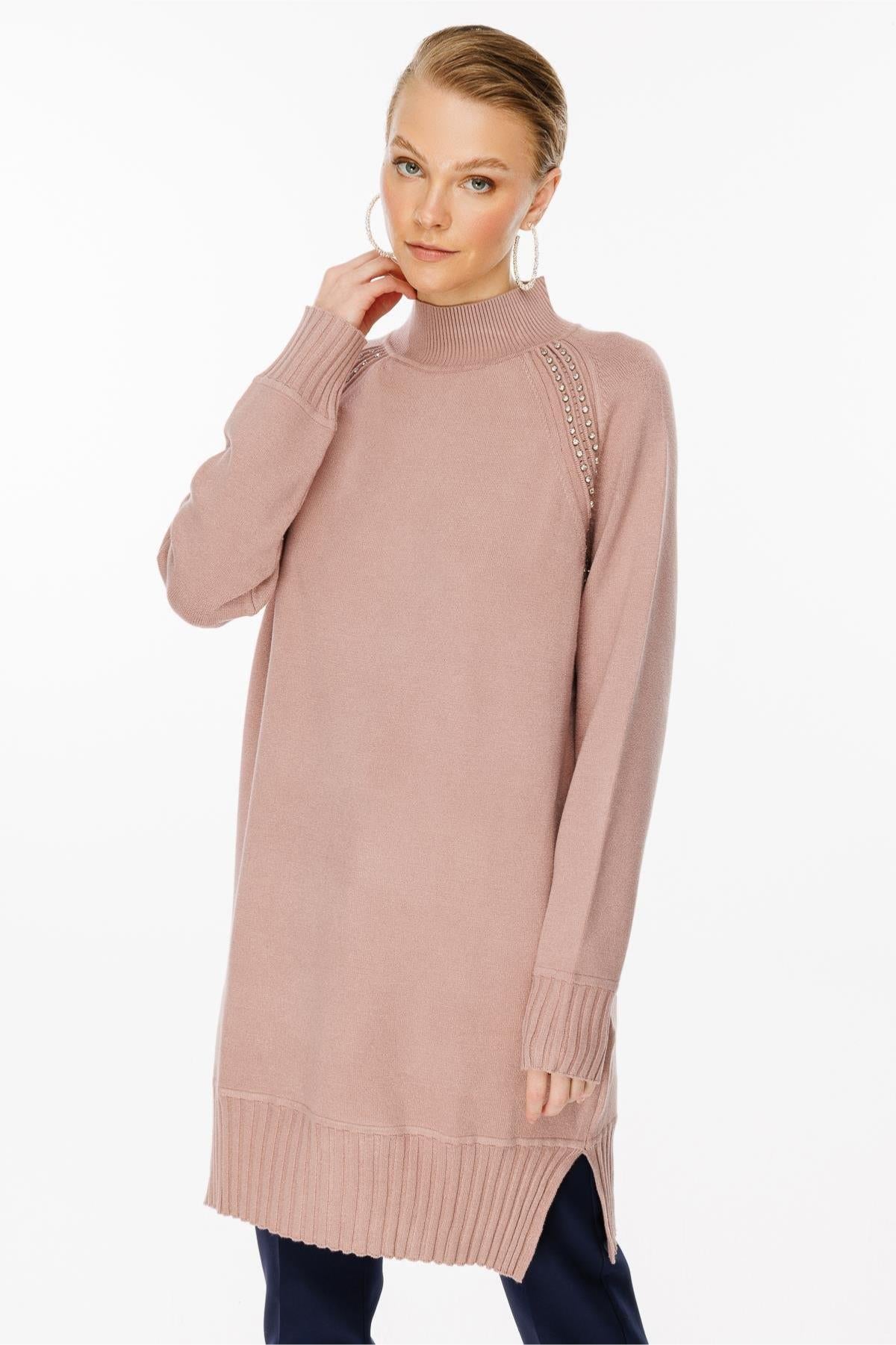 Half Turtleneck Knit Tunic with Stone Detail on Shoulders