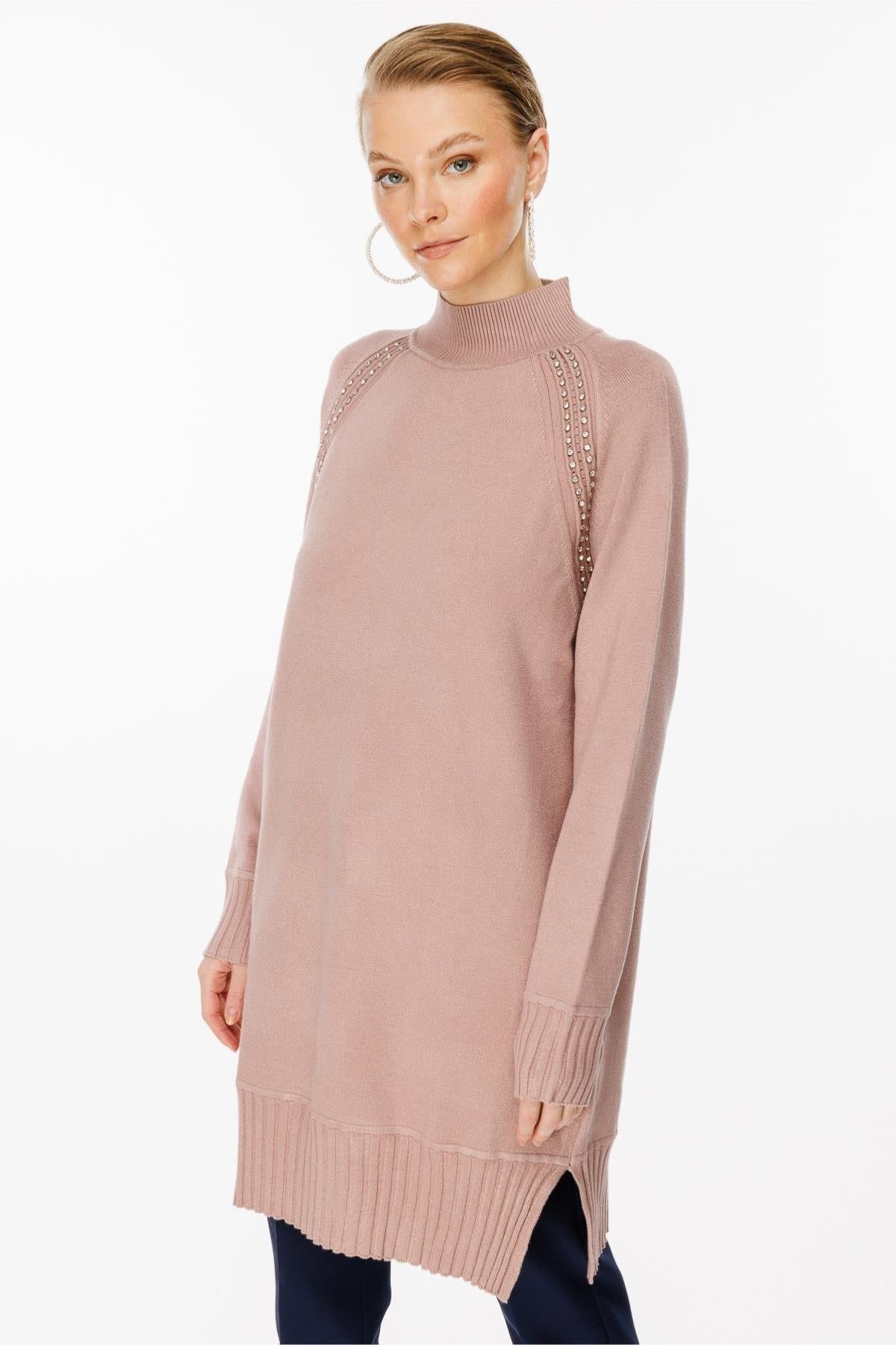 Half Turtleneck Knit Tunic with Stone Detail on Shoulders