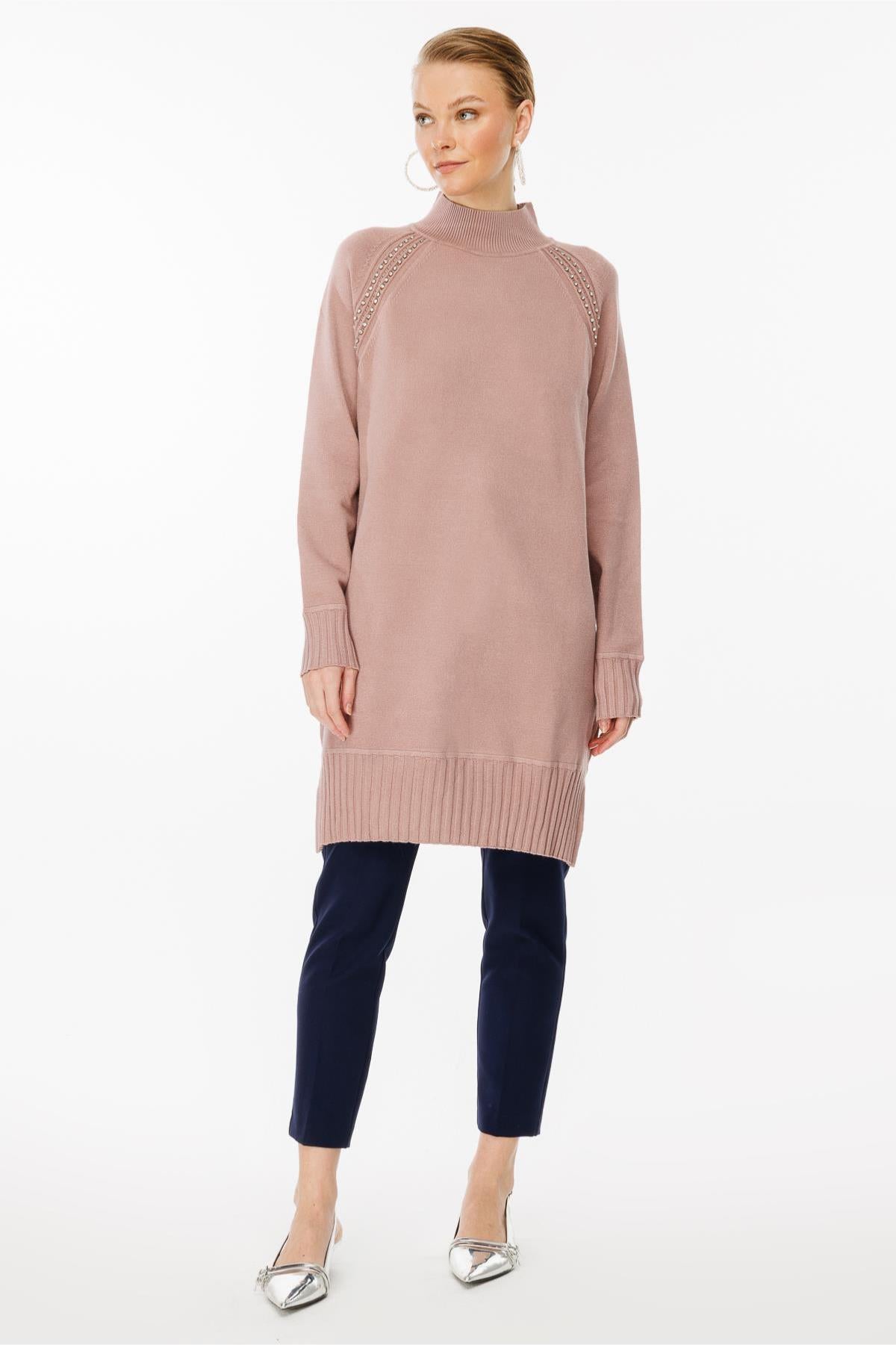 Half Turtleneck Knit Tunic with Stone Detail on Shoulders