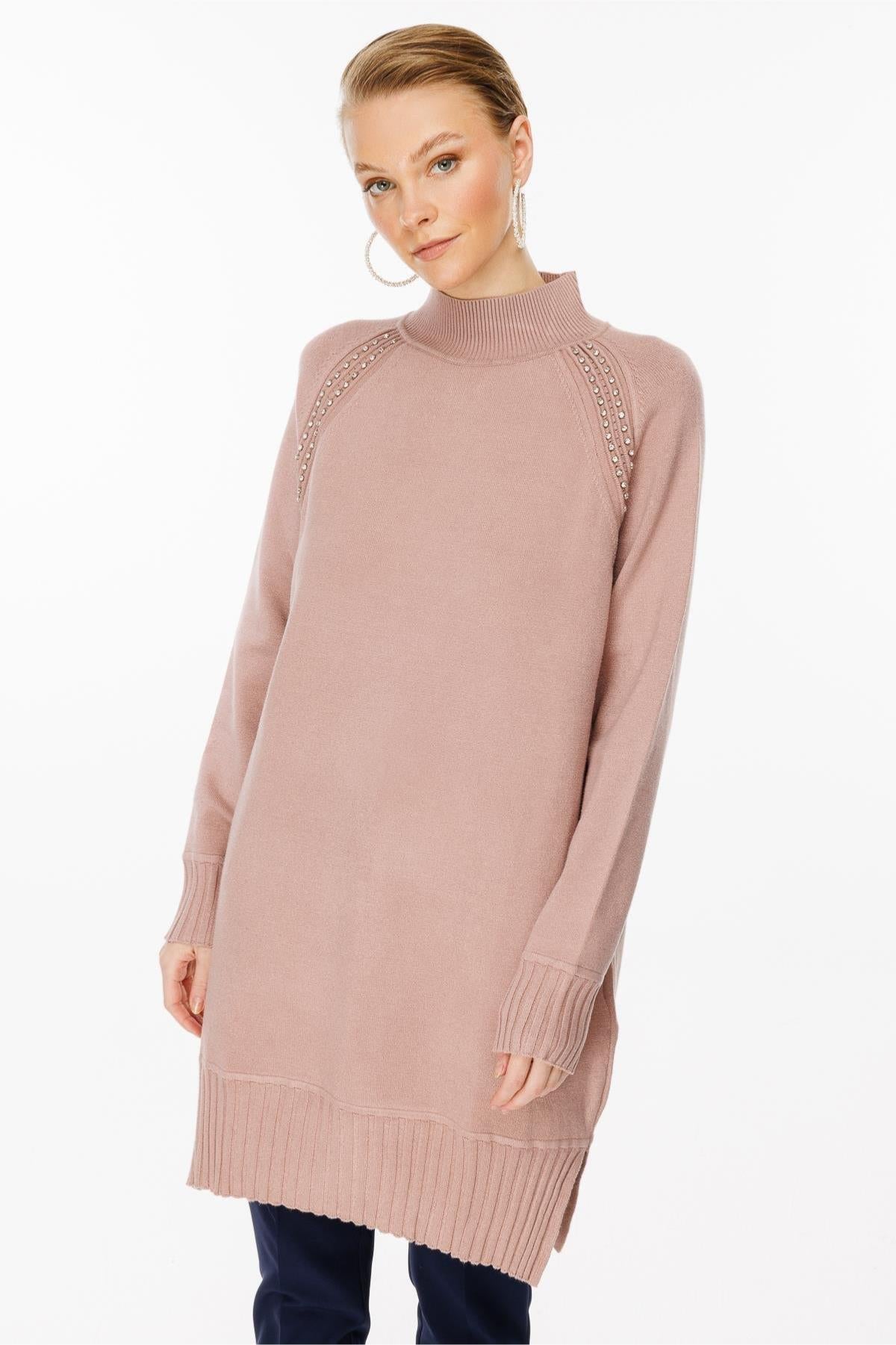 Half Turtleneck Knit Tunic with Stone Detail on Shoulders