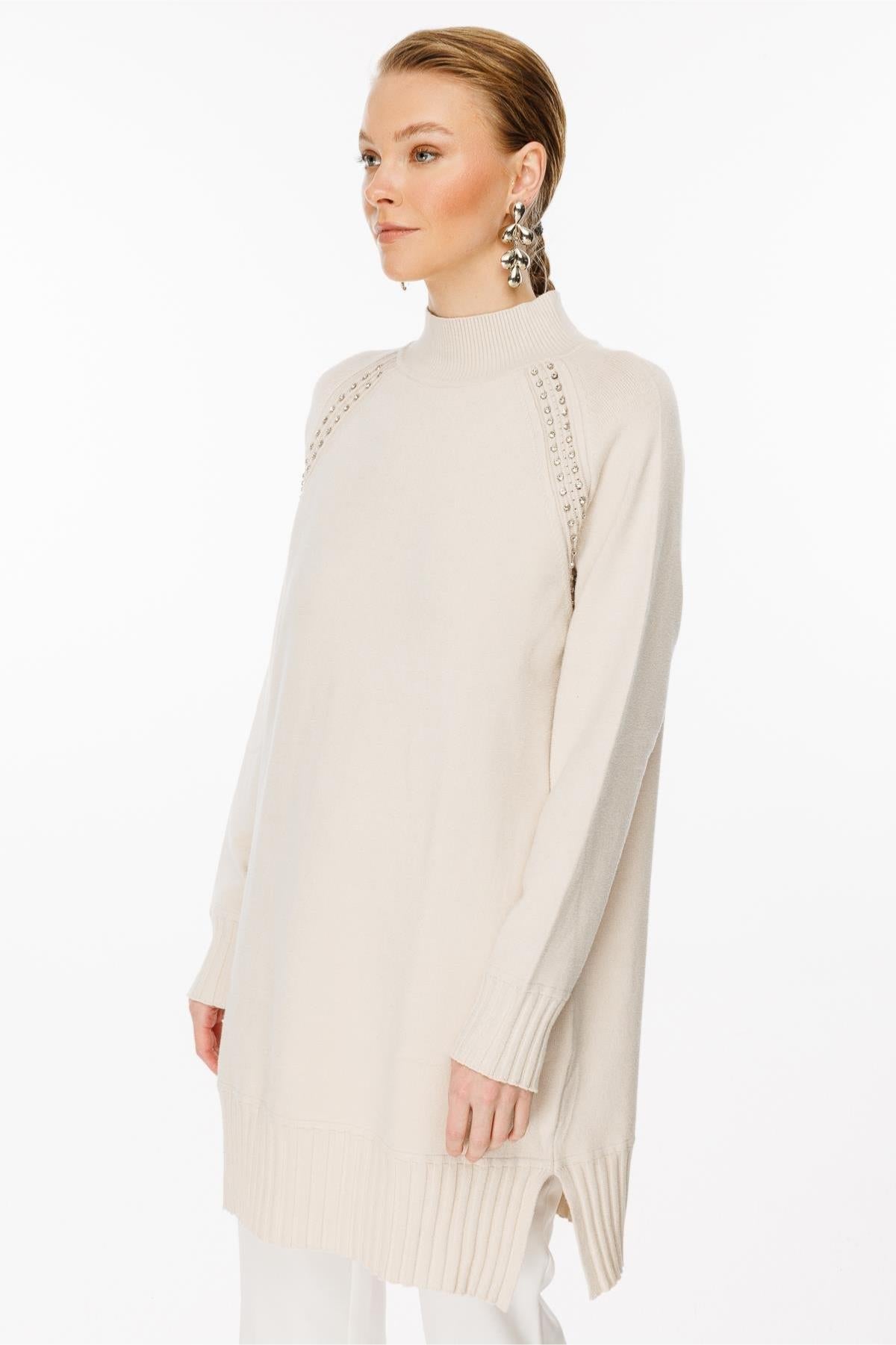 Half Turtleneck Knit Tunic with Stone Detail on Shoulders