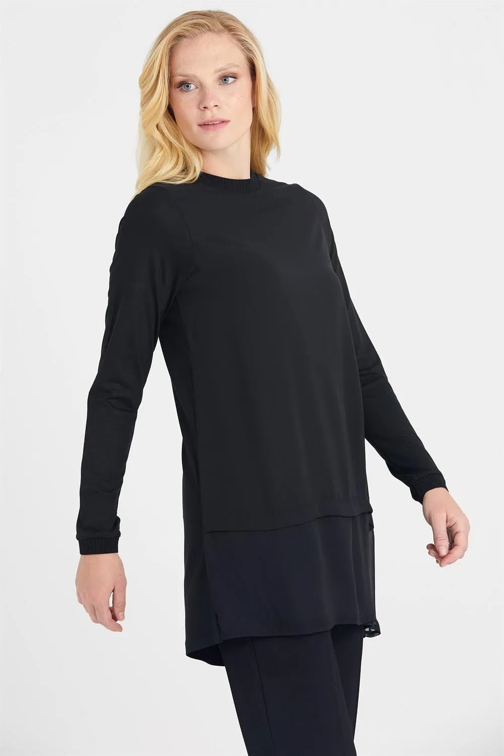 Chiffon Front Ribbed Long Sleeve Tunic