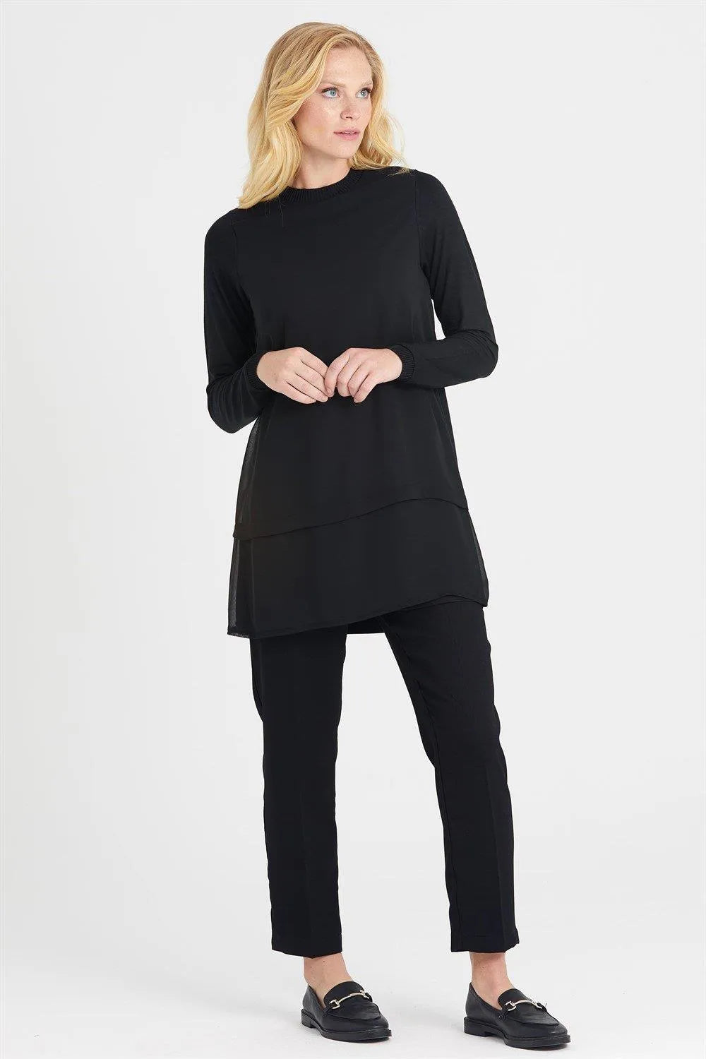 Chiffon Front Ribbed Long Sleeve Tunic