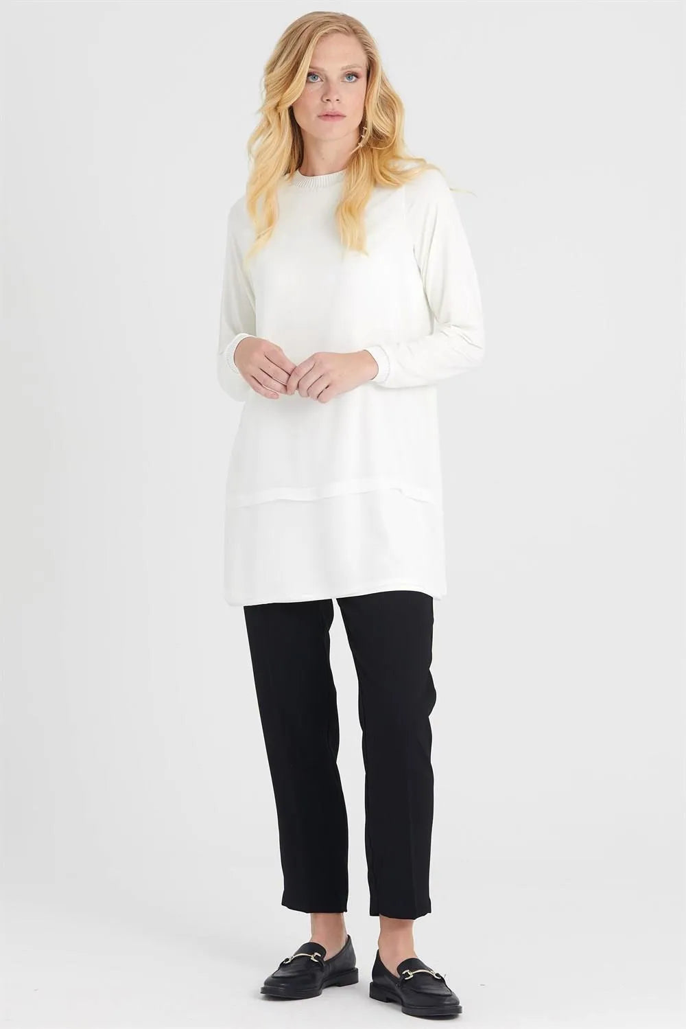 Chiffon Front Ribbed Long Sleeve Tunic