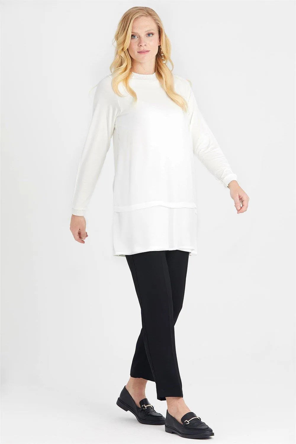 Chiffon Front Ribbed Long Sleeve Tunic