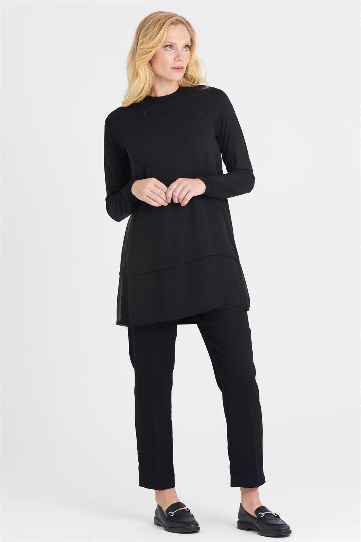 Ribbed Front Chiffon Long Sleeve Tunic