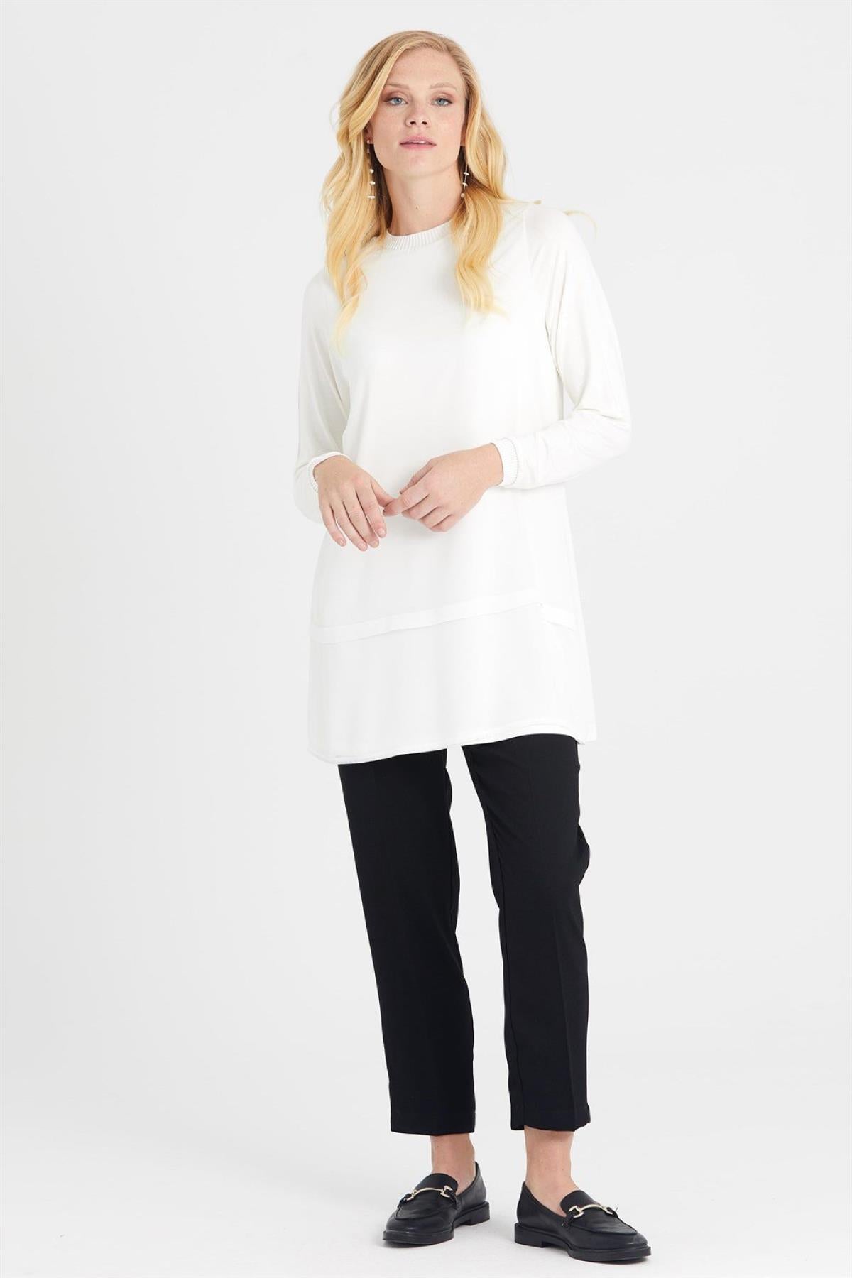 Ribbed Front Chiffon Long Sleeve Tunic