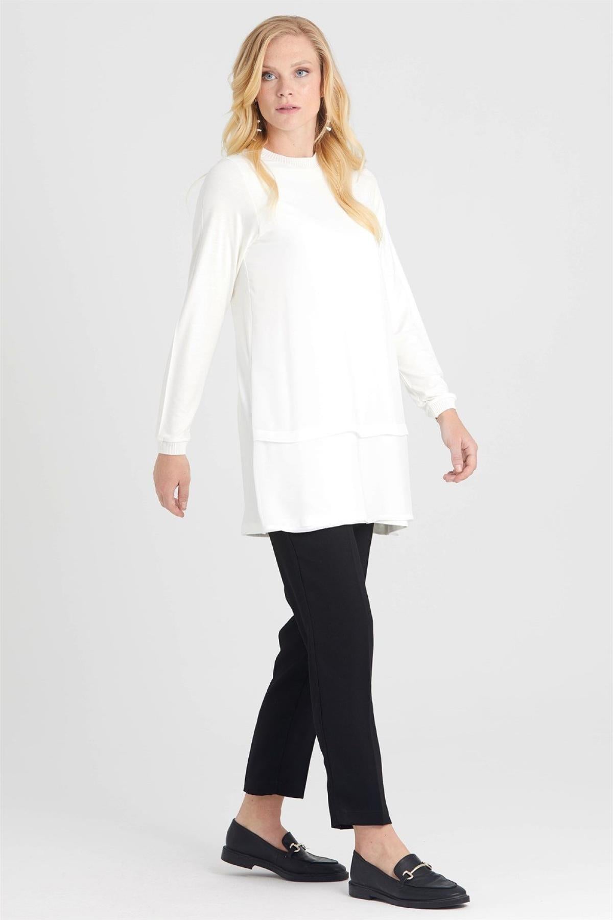 Ribbed Front Chiffon Long Sleeve Tunic