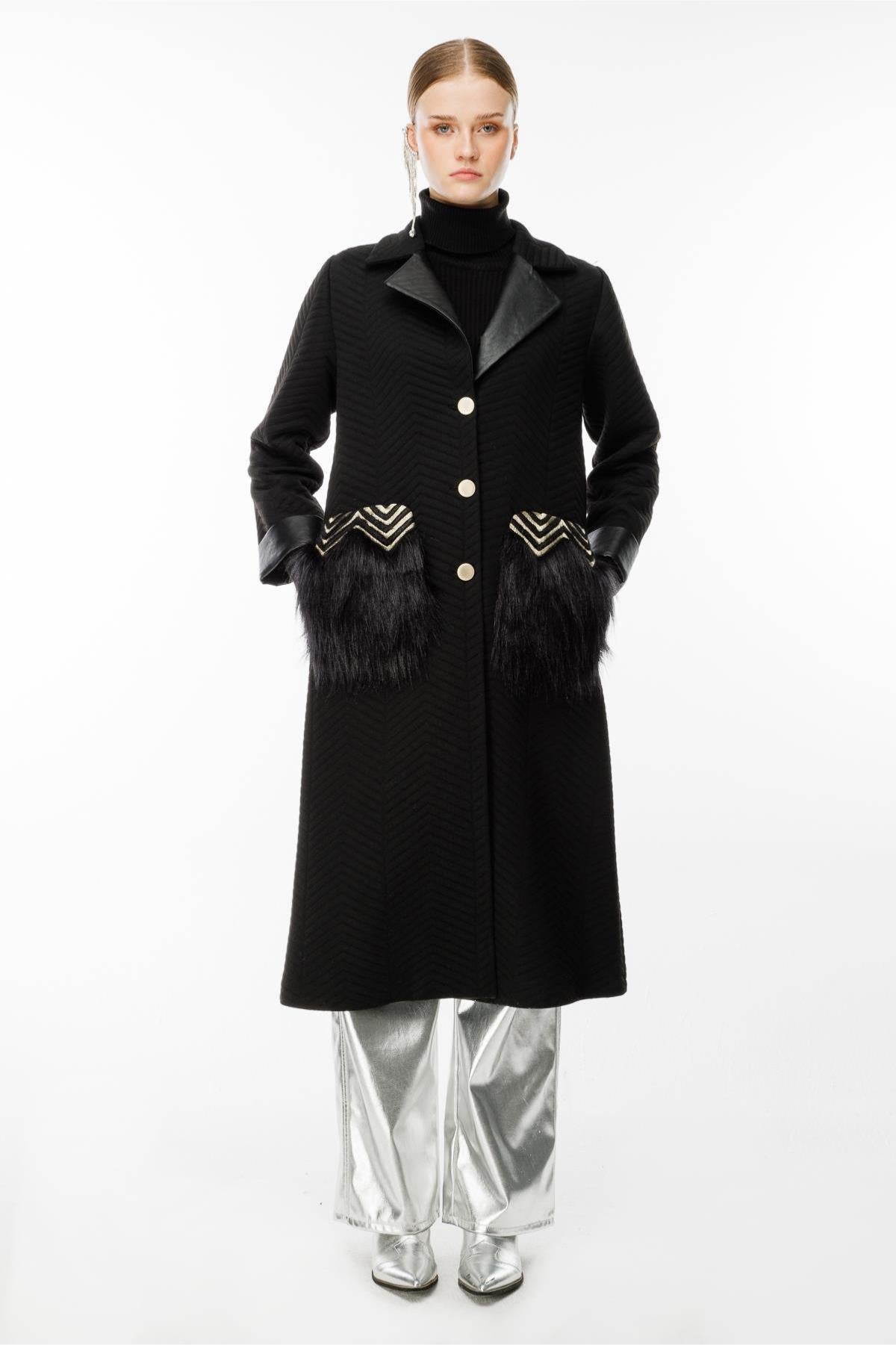 Coat with Folded Sleeves and Pocket Details