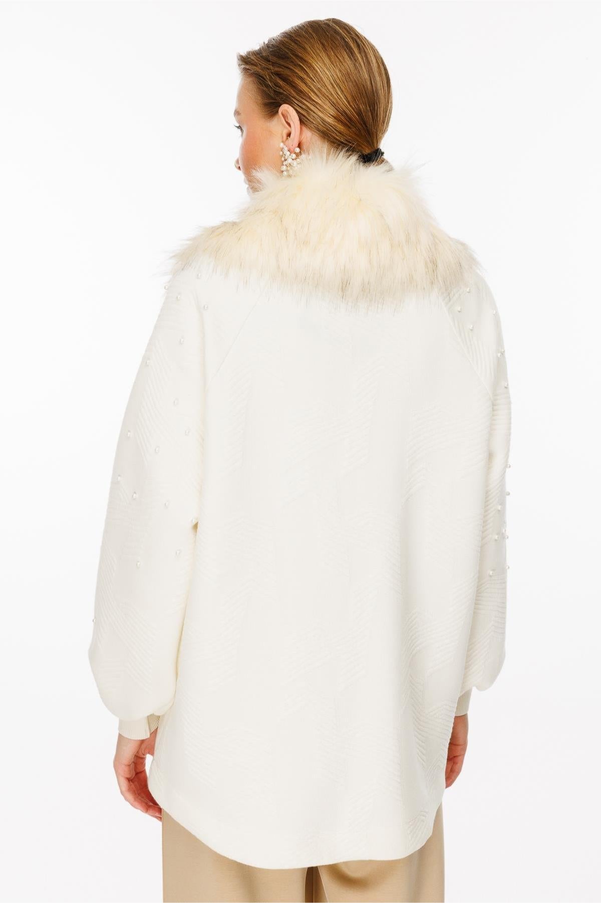 Pearl-embellished and buttoned fur detailed knitwear coat