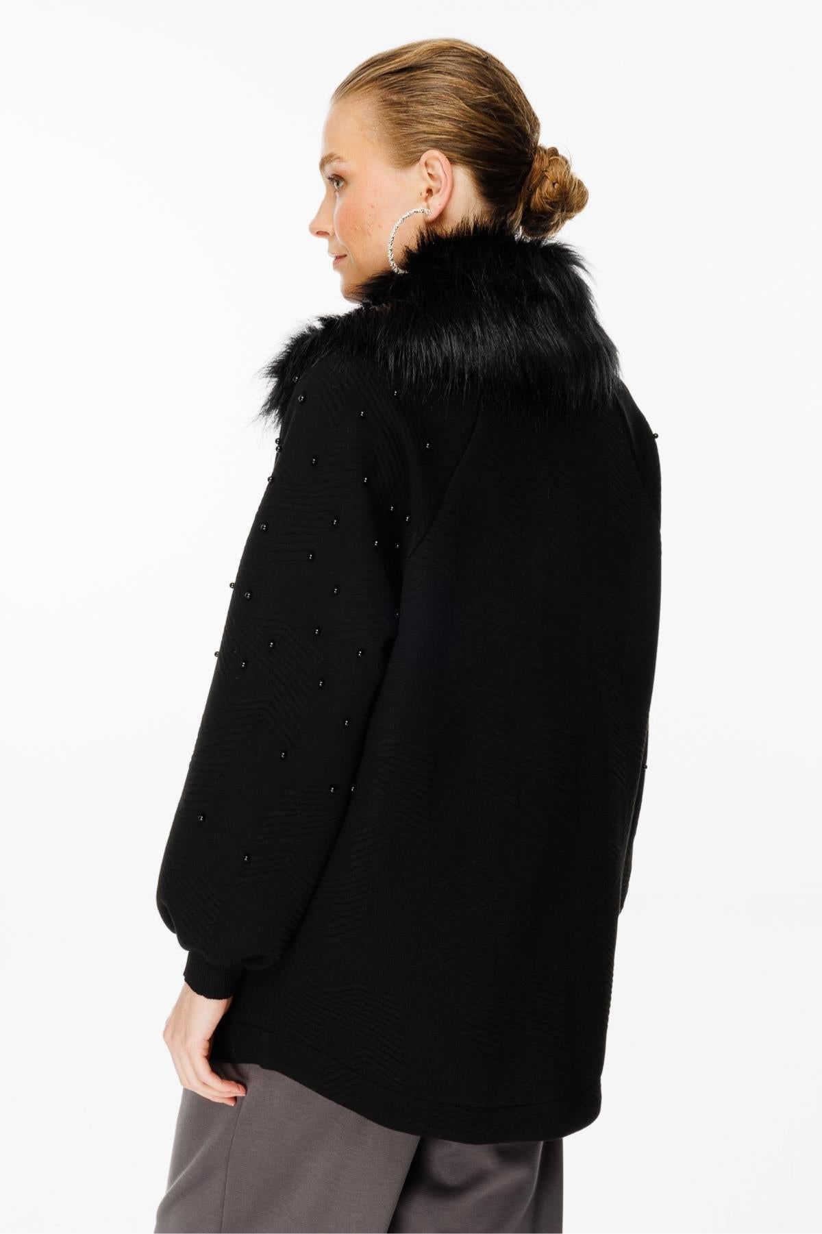 Pearl-embellished and buttoned fur detailed knitwear coat