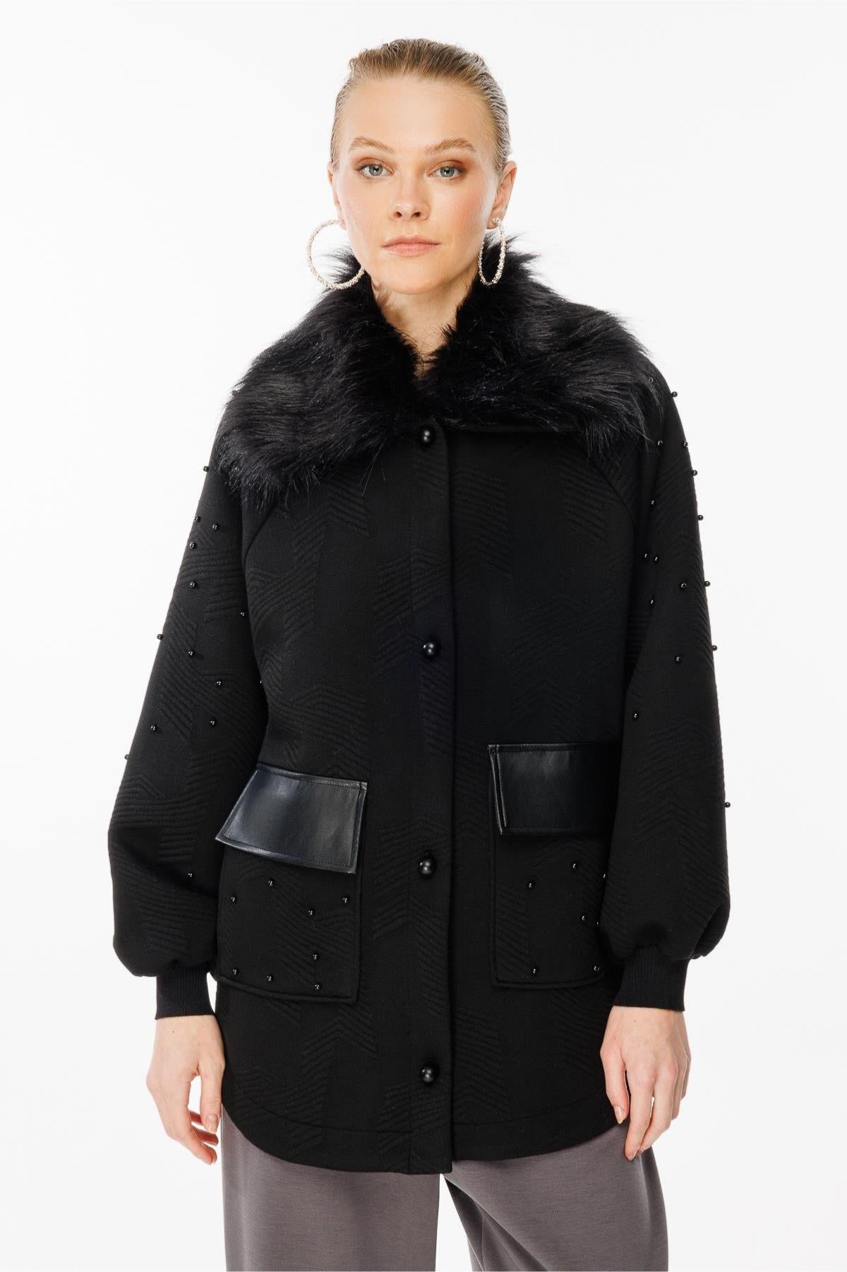 Pearl-embellished and buttoned fur detailed knitwear coat