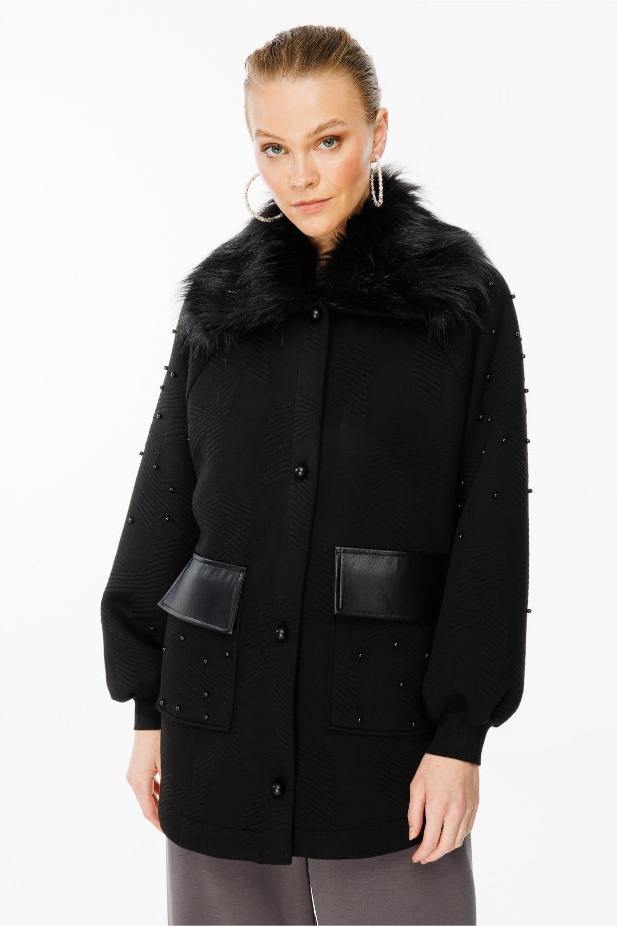 Pearl-embellished and buttoned fur detailed knitwear coat