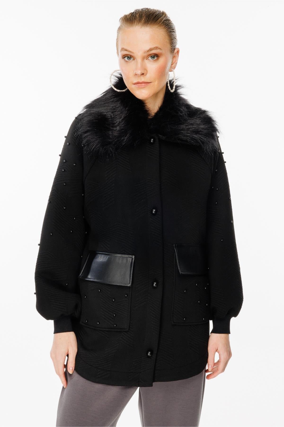 Pearl-embellished and buttoned fur detailed knitwear coat