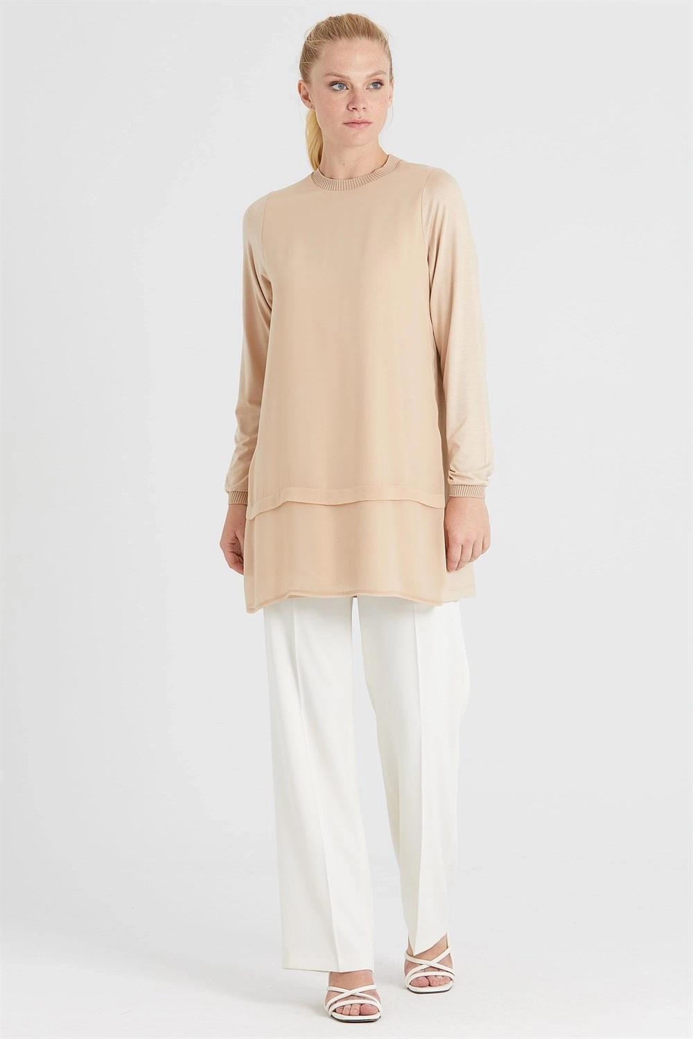 Chiffon Front Ribbed Long Sleeve Tunic