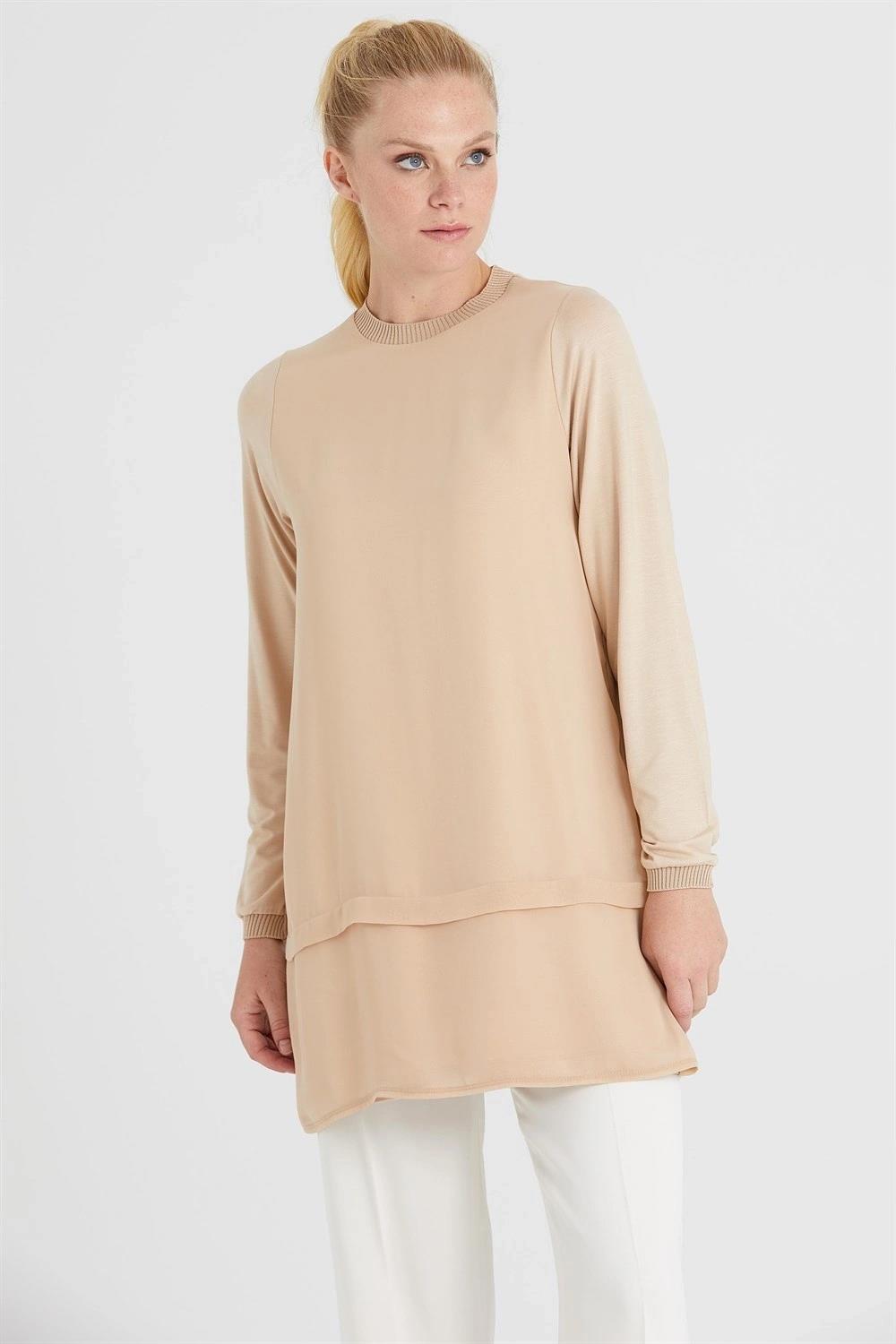 Chiffon Front Ribbed Long Sleeve Tunic