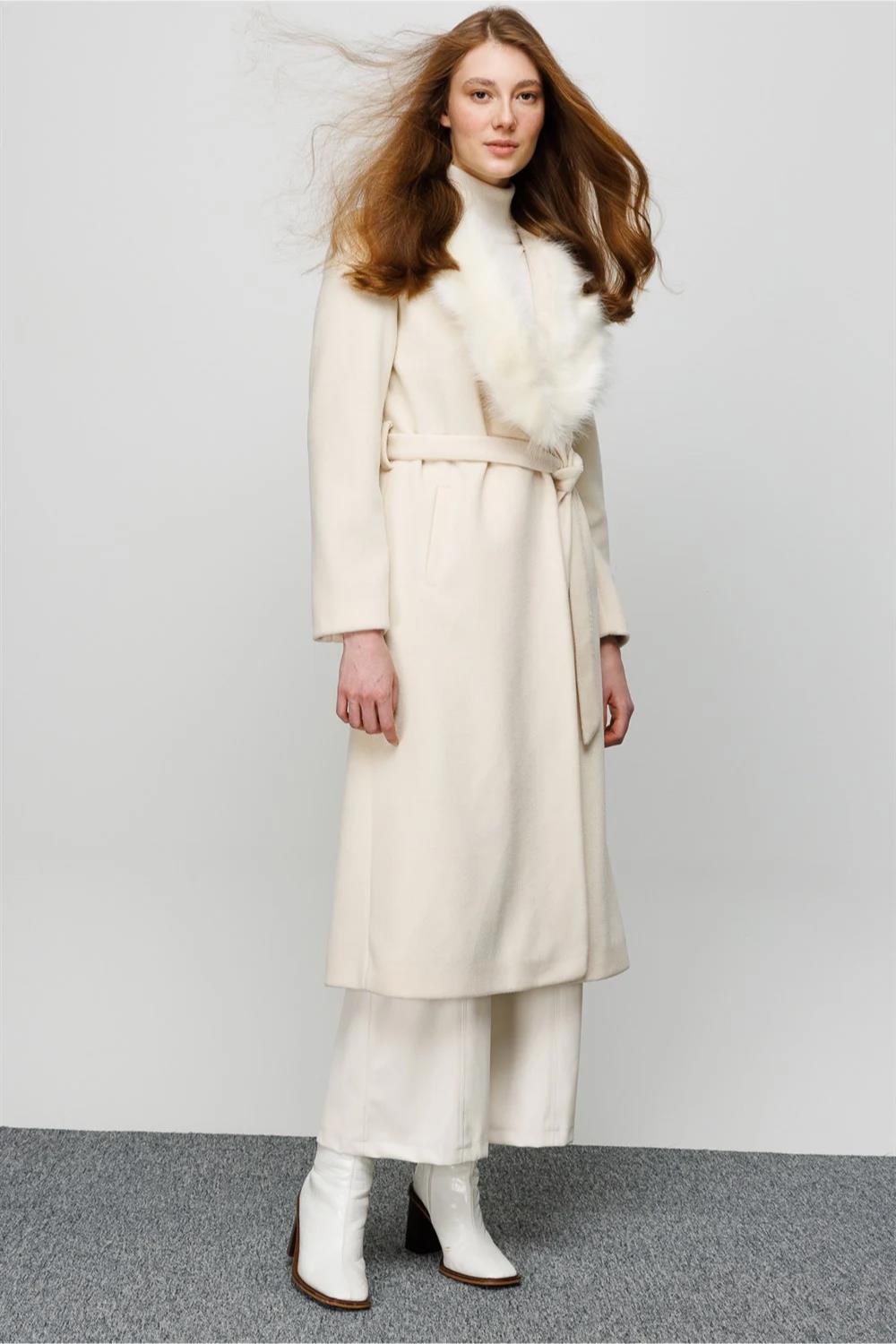 Shawl Collar Fur Belted Women's Coat