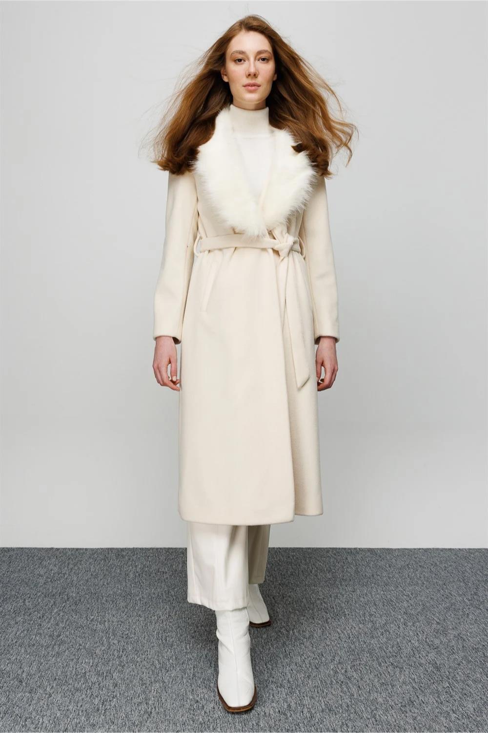 Shawl Collar Fur Belted Women's Coat