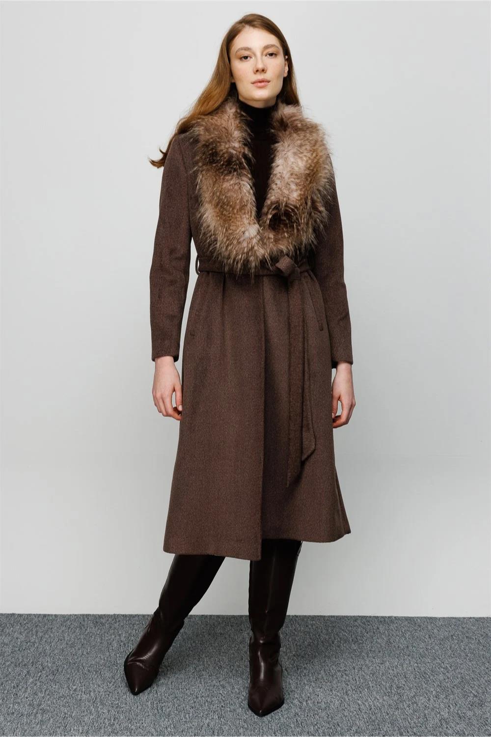 Shawl Collar Fur Belted Women's Coat