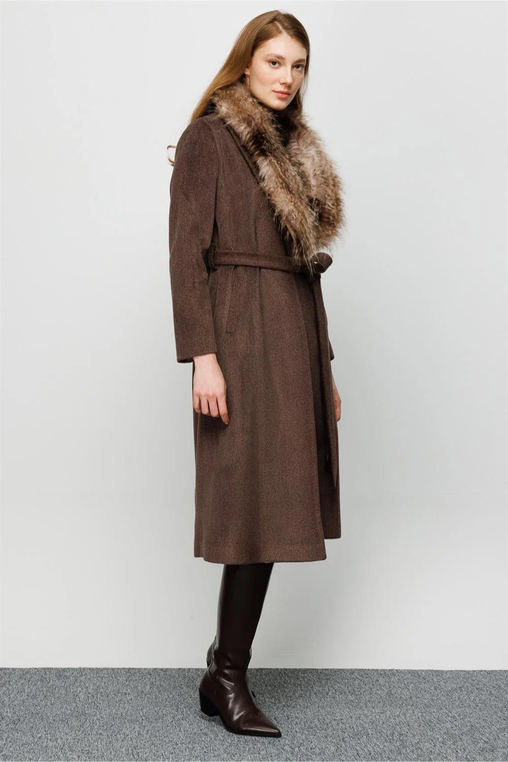 Shawl Collar Fur Belted Women's Coat