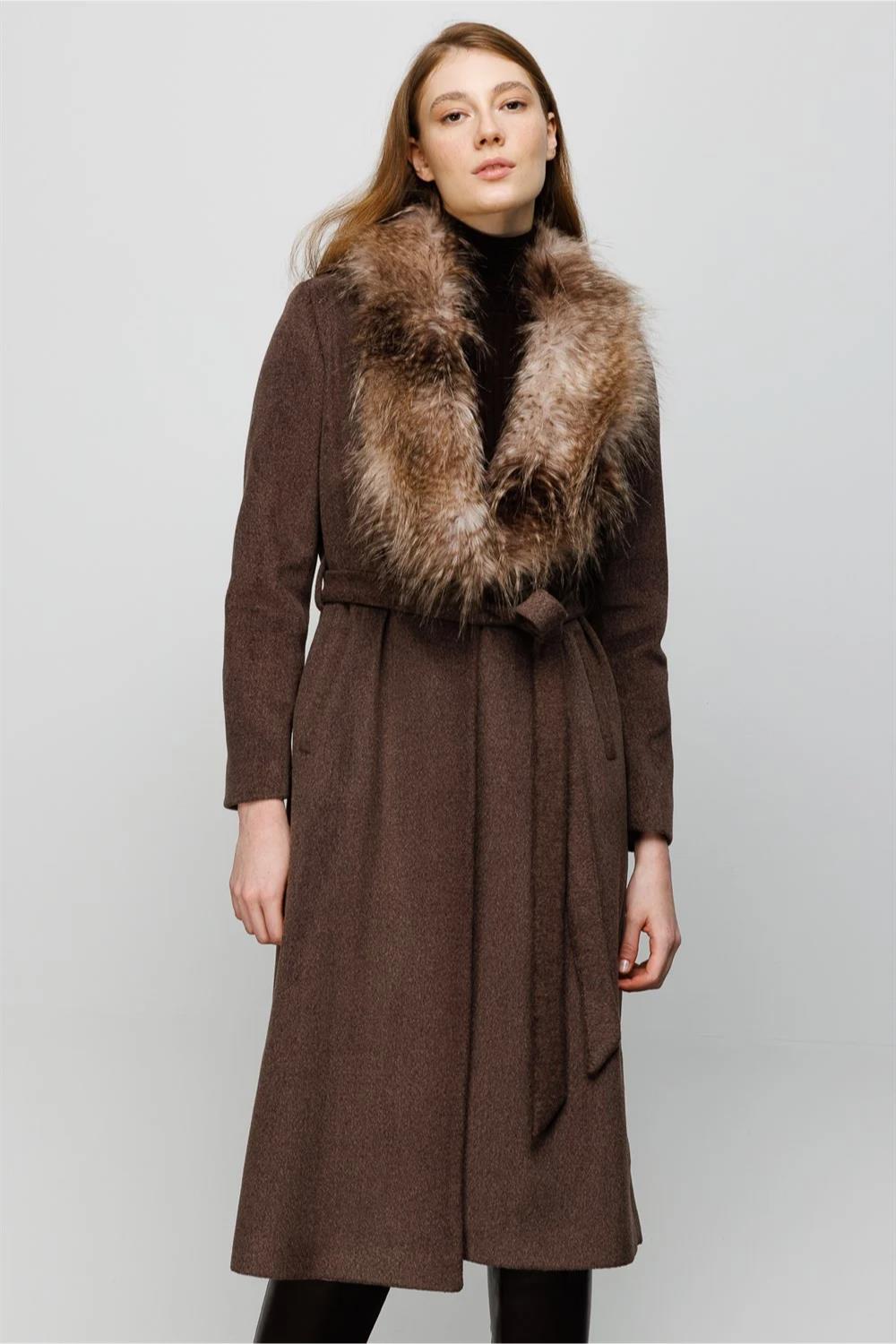 Shawl Collar Fur Belted Women's Coat