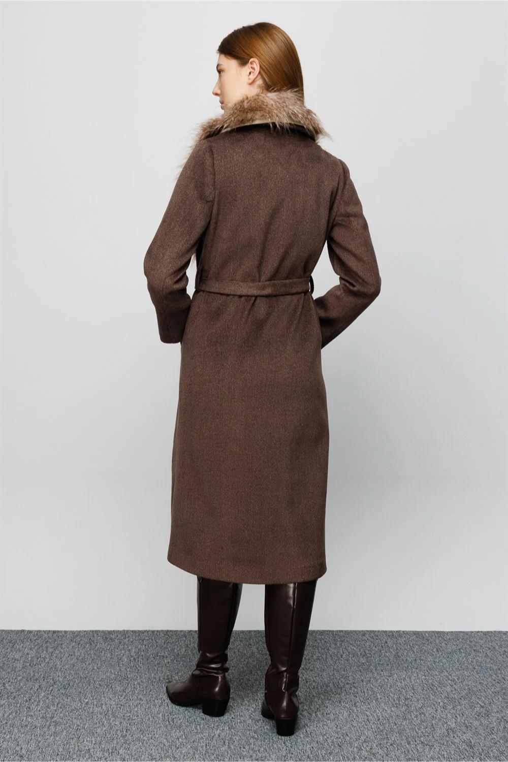 Shawl Collar Fur Belted Women's Coat