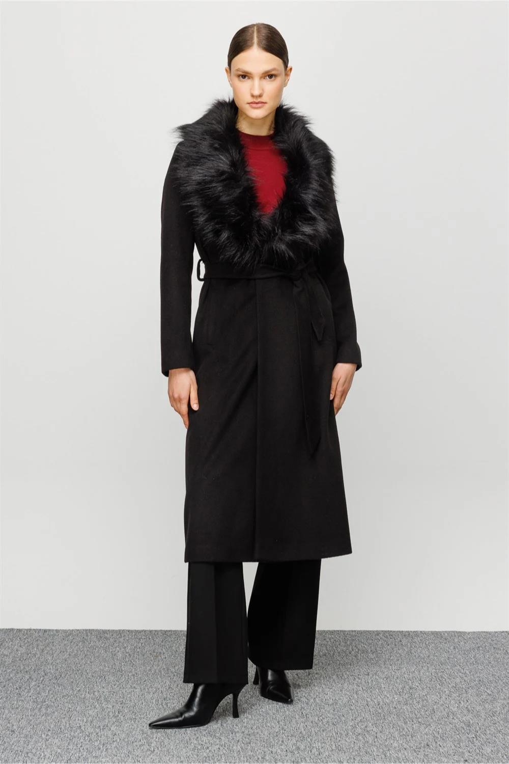 Shawl Collar Fur Belted Women's Coat