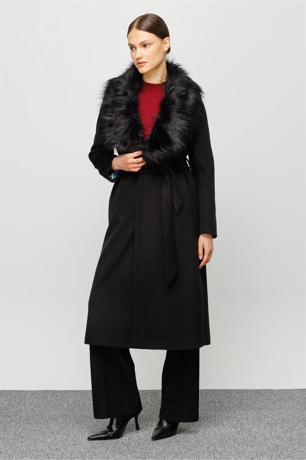 Shawl Collar Fur Belted Women's Coat