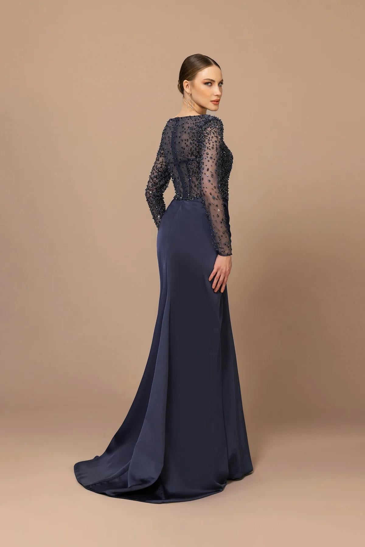 Embroidered Long Sleeve Slit Long Evening Dress