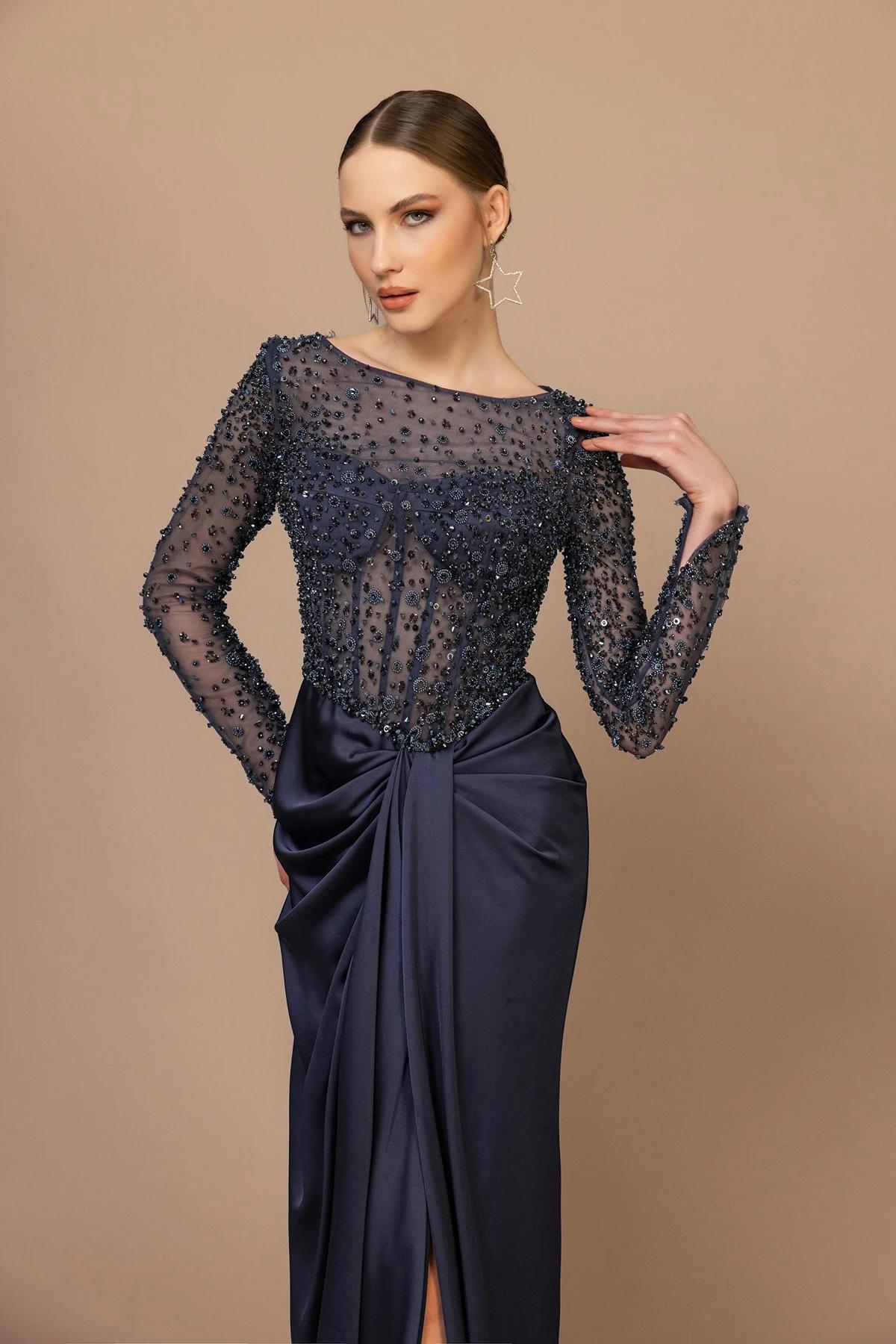 Embroidered Long Sleeve Slit Long Evening Dress