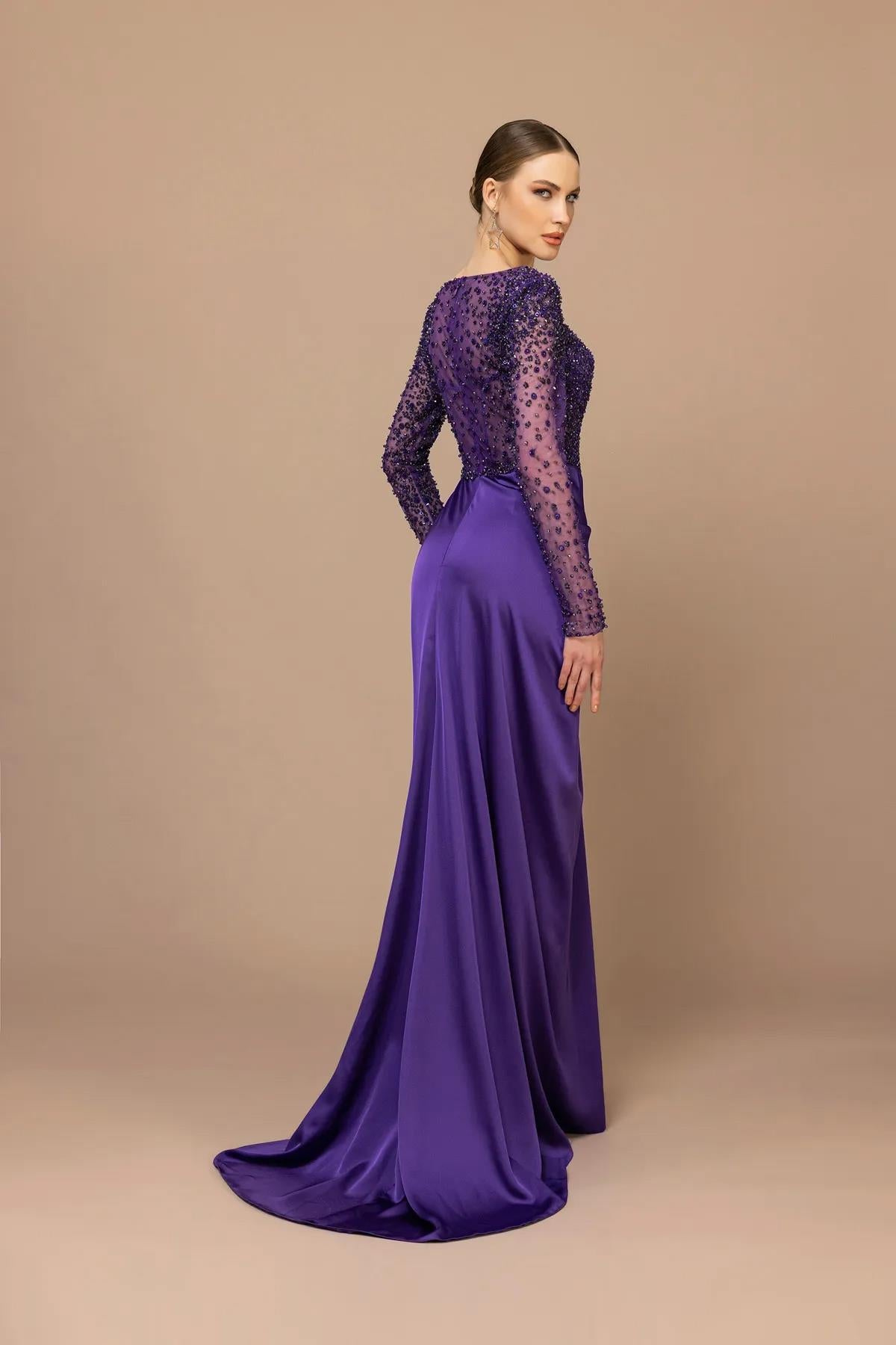 Embroidered Long Sleeve Slit Long Evening Dress