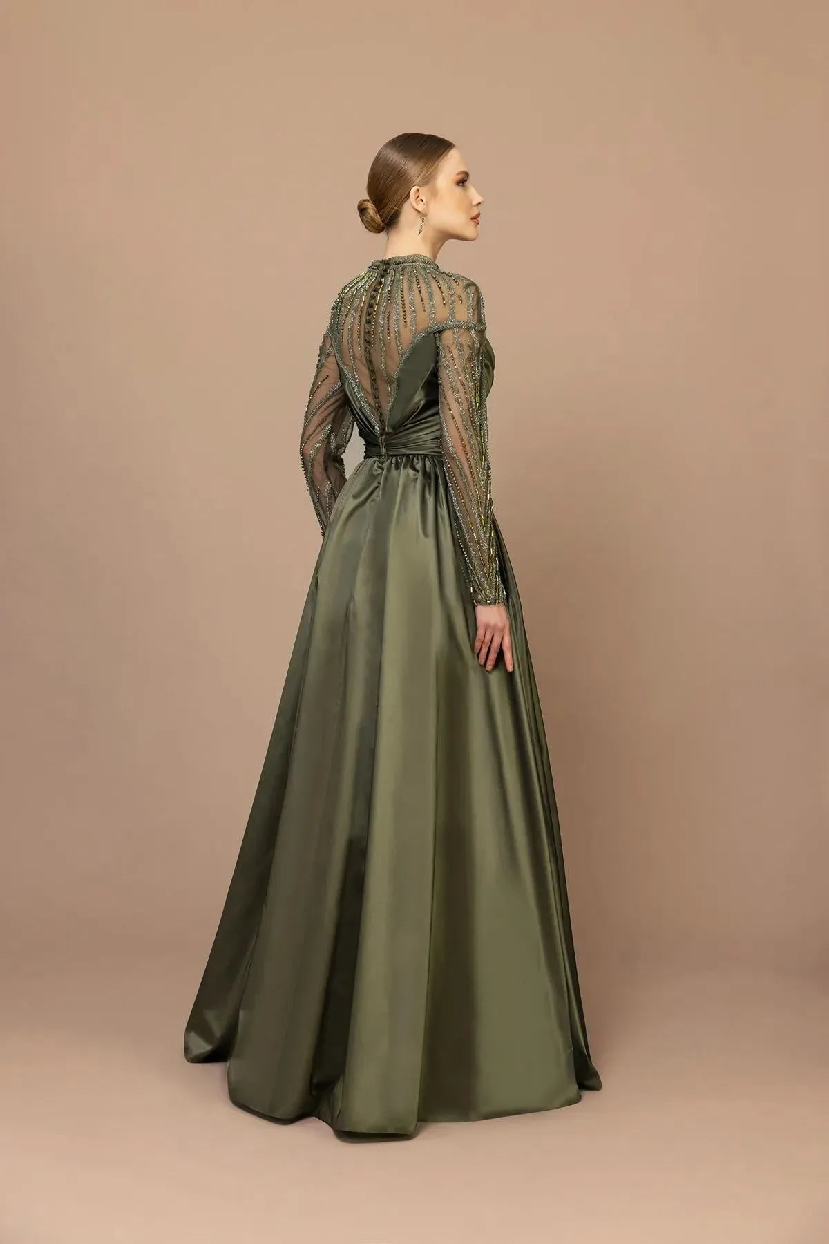 Draped Shoulder Sleeve Beaded Evening Dress