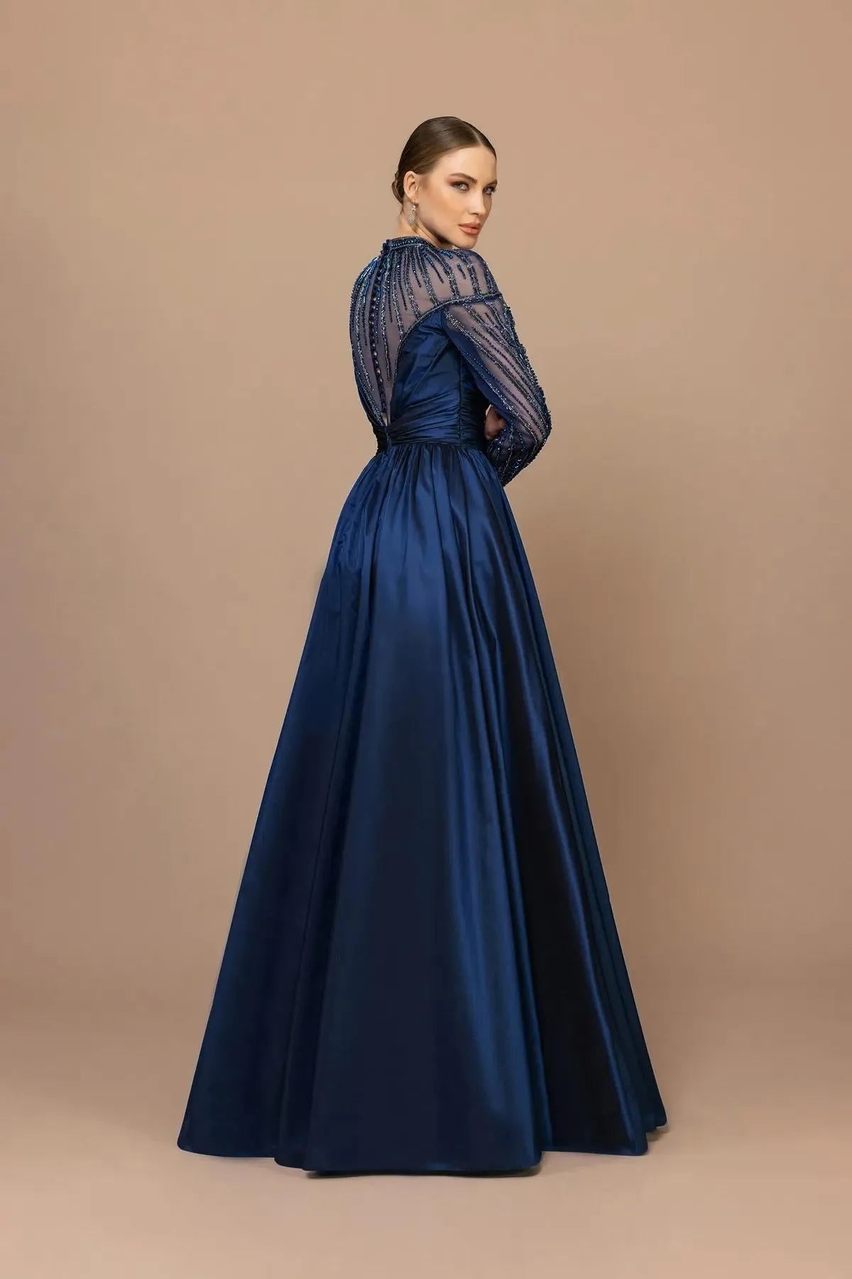 Draped Shoulder Sleeve Beaded Evening Dress