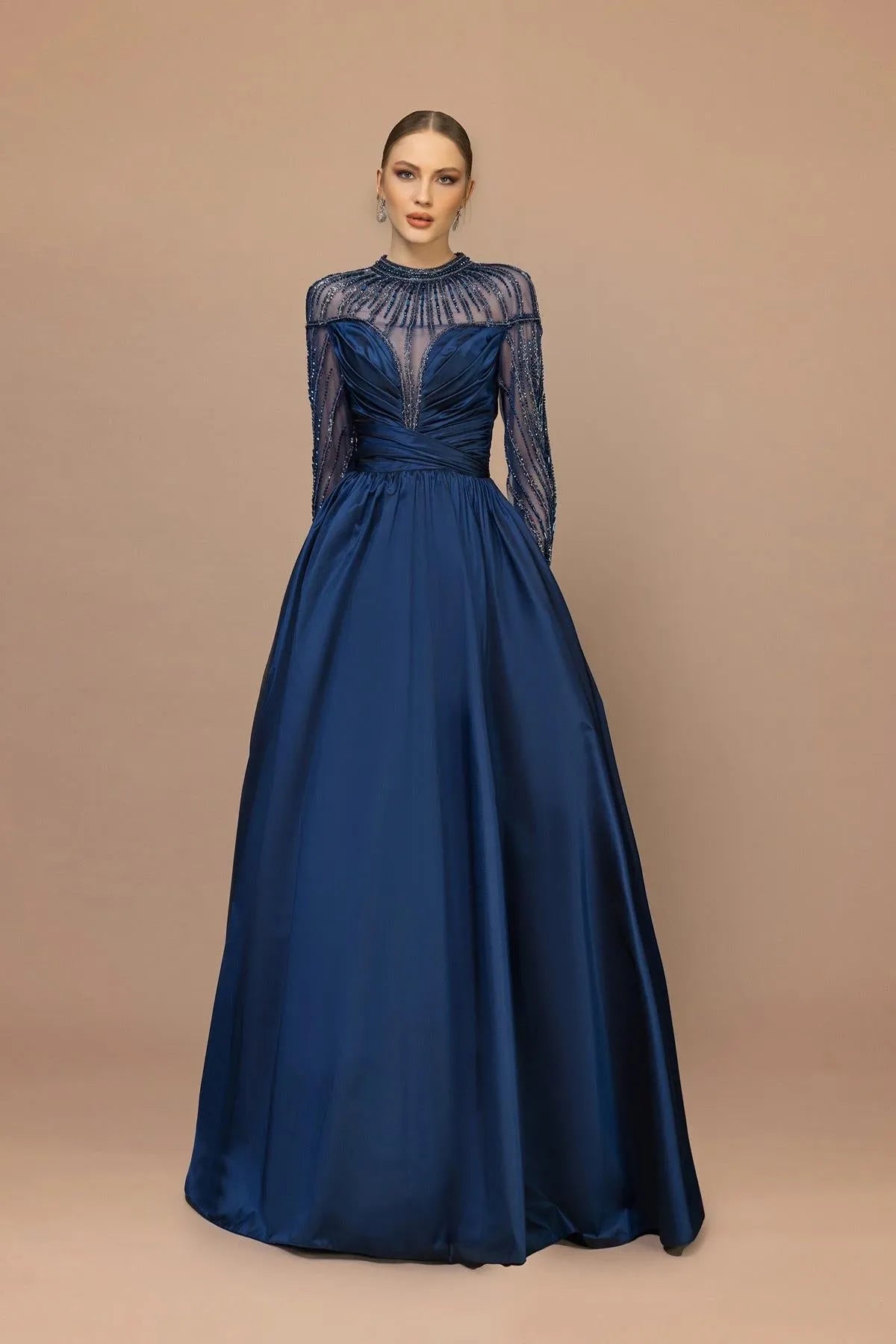 Draped Shoulder Sleeve Beaded Evening Dress