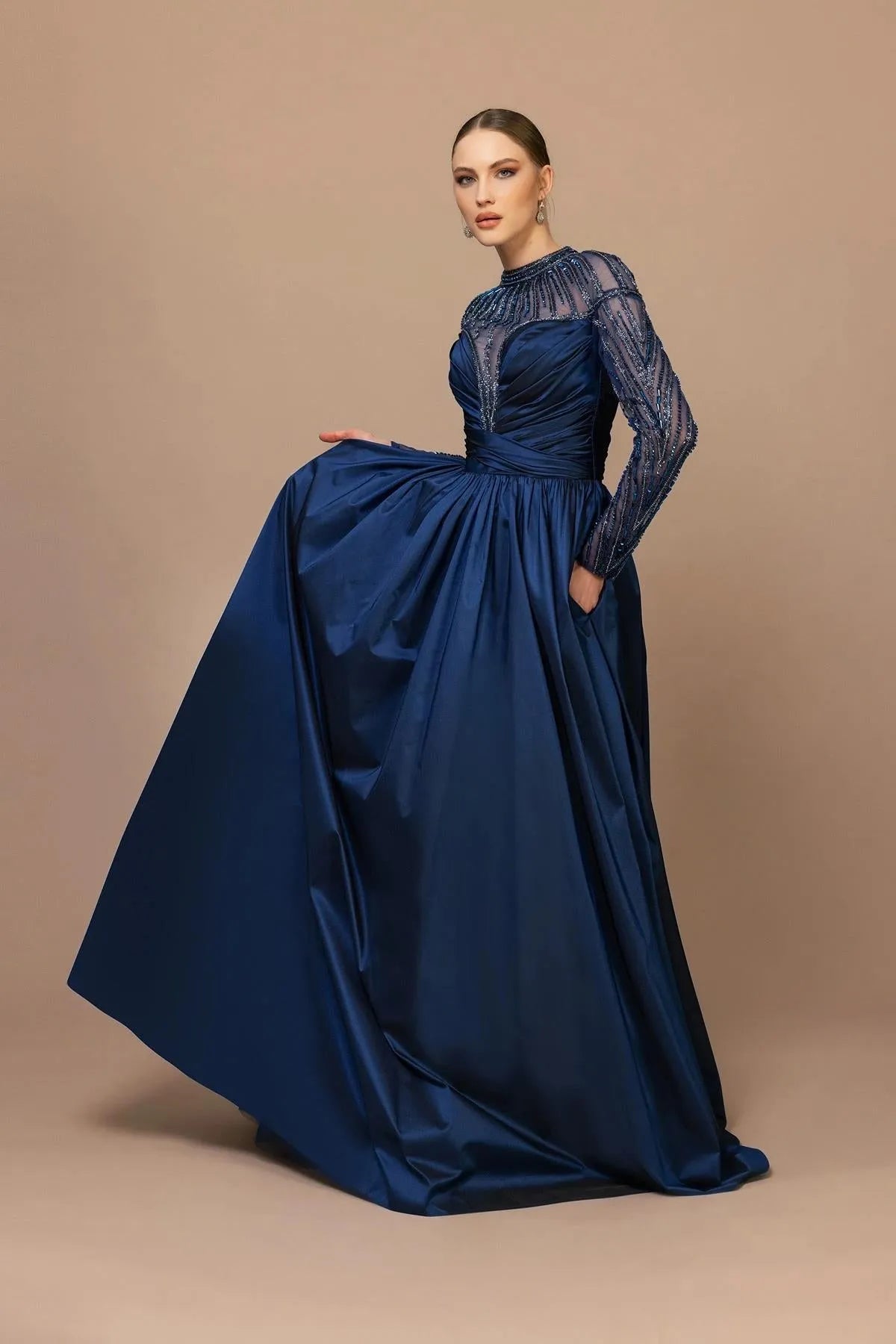 Draped Shoulder Sleeve Beaded Evening Dress