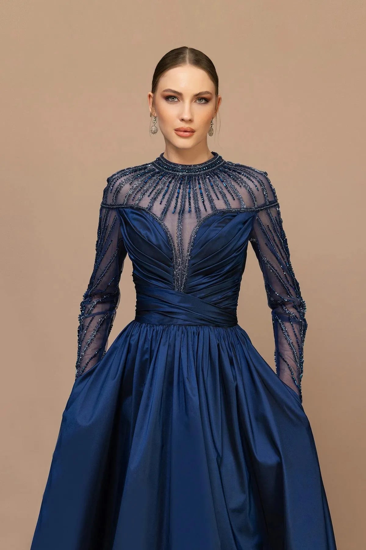 Draped Shoulder Sleeve Beaded Evening Dress