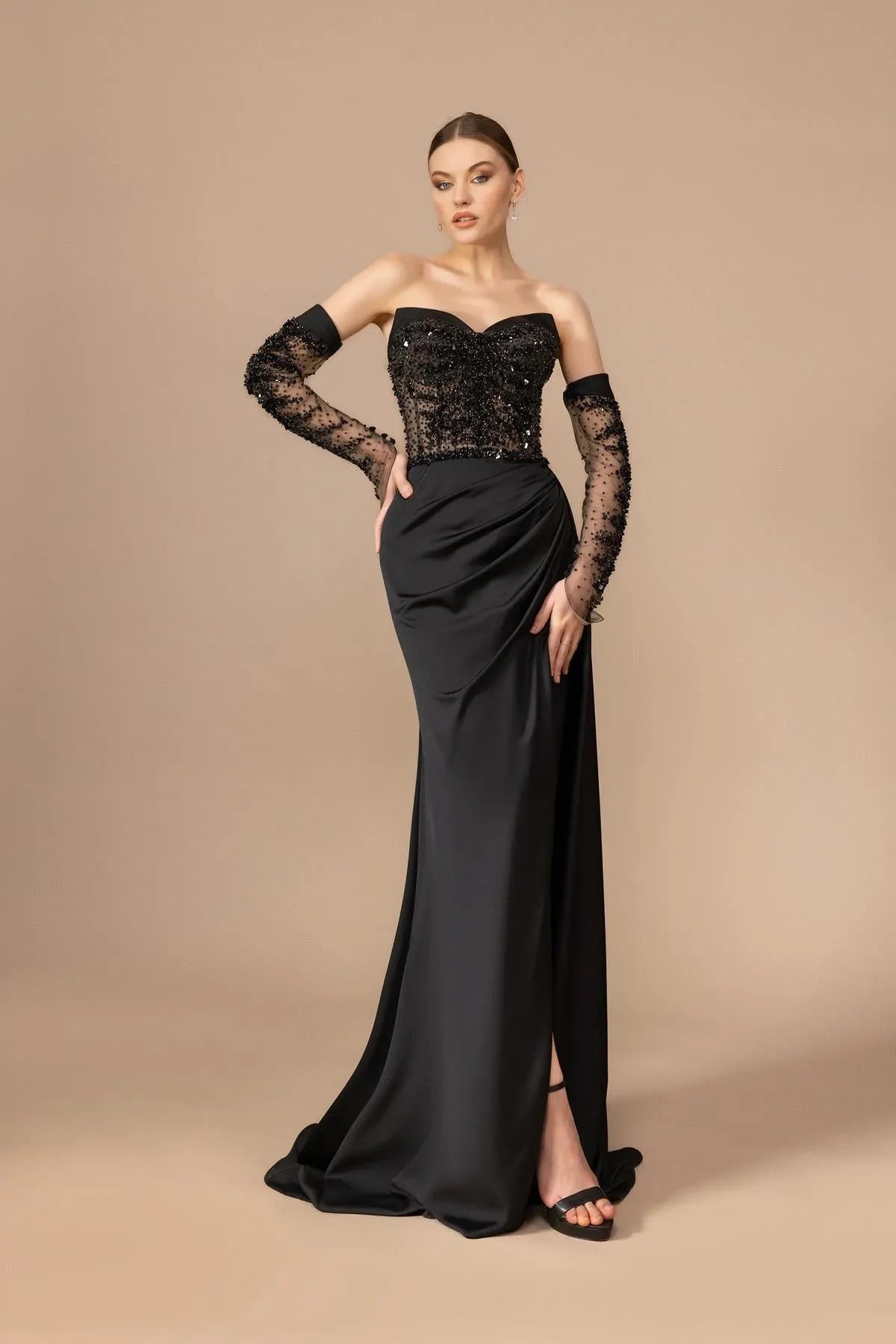 Strapless Embroidered Detailed Transparent Sleeve Long Evening Dress