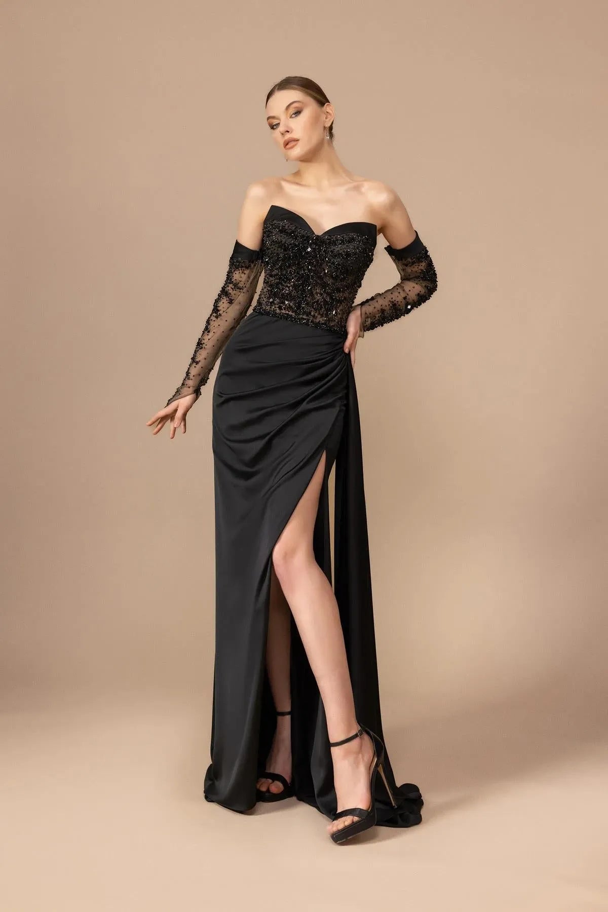 Strapless Embroidered Detailed Transparent Sleeve Long Evening Dress