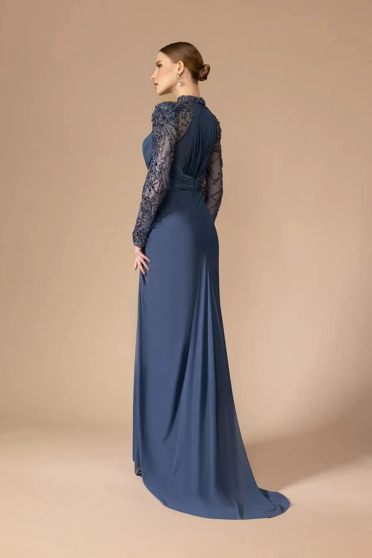 Embroidered Transparent Long Sleeve Detailed Slit Long Dress