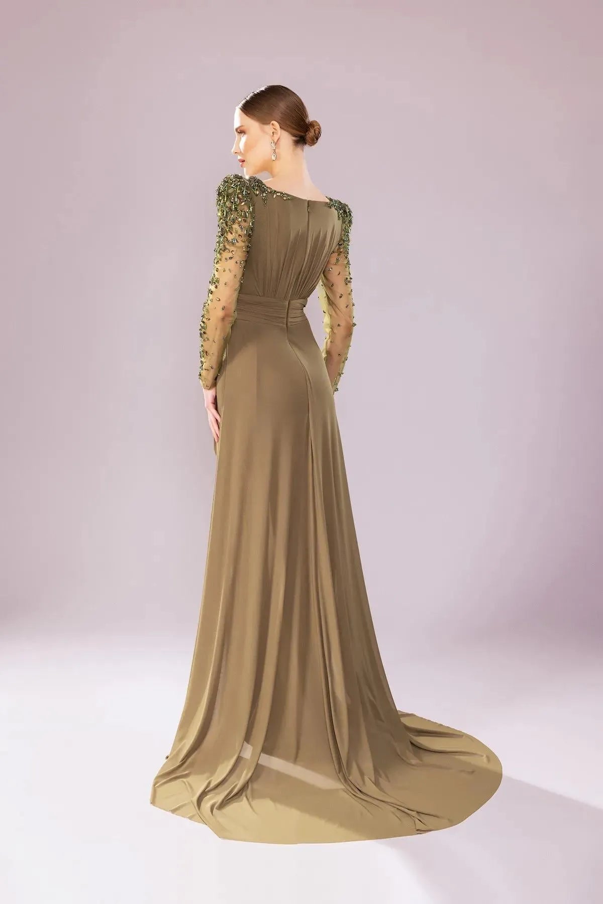 Transparent Long Sleeve Draped Evening Dress